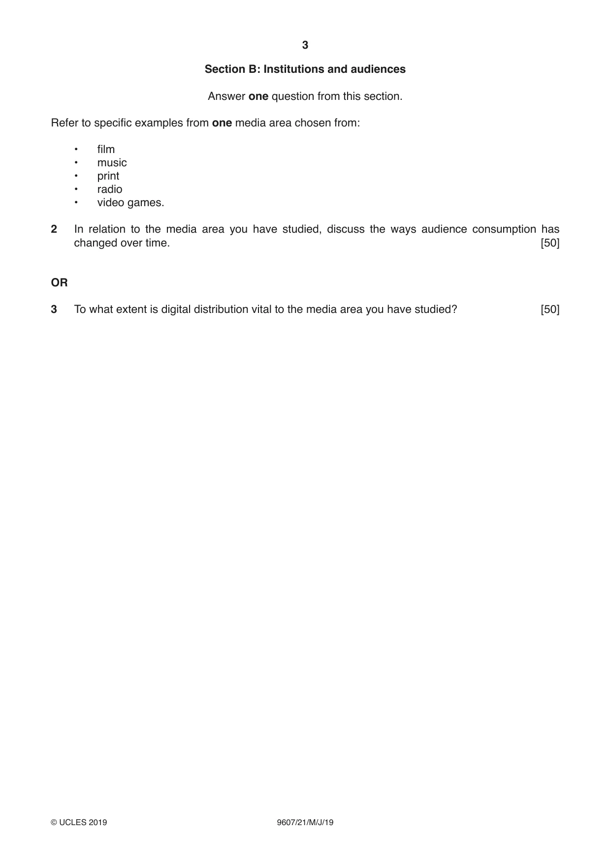 Cambridge A Level Media Studies 9607 2019 May/June Paper 2 · Variant 1 question paper, page 3 of 4