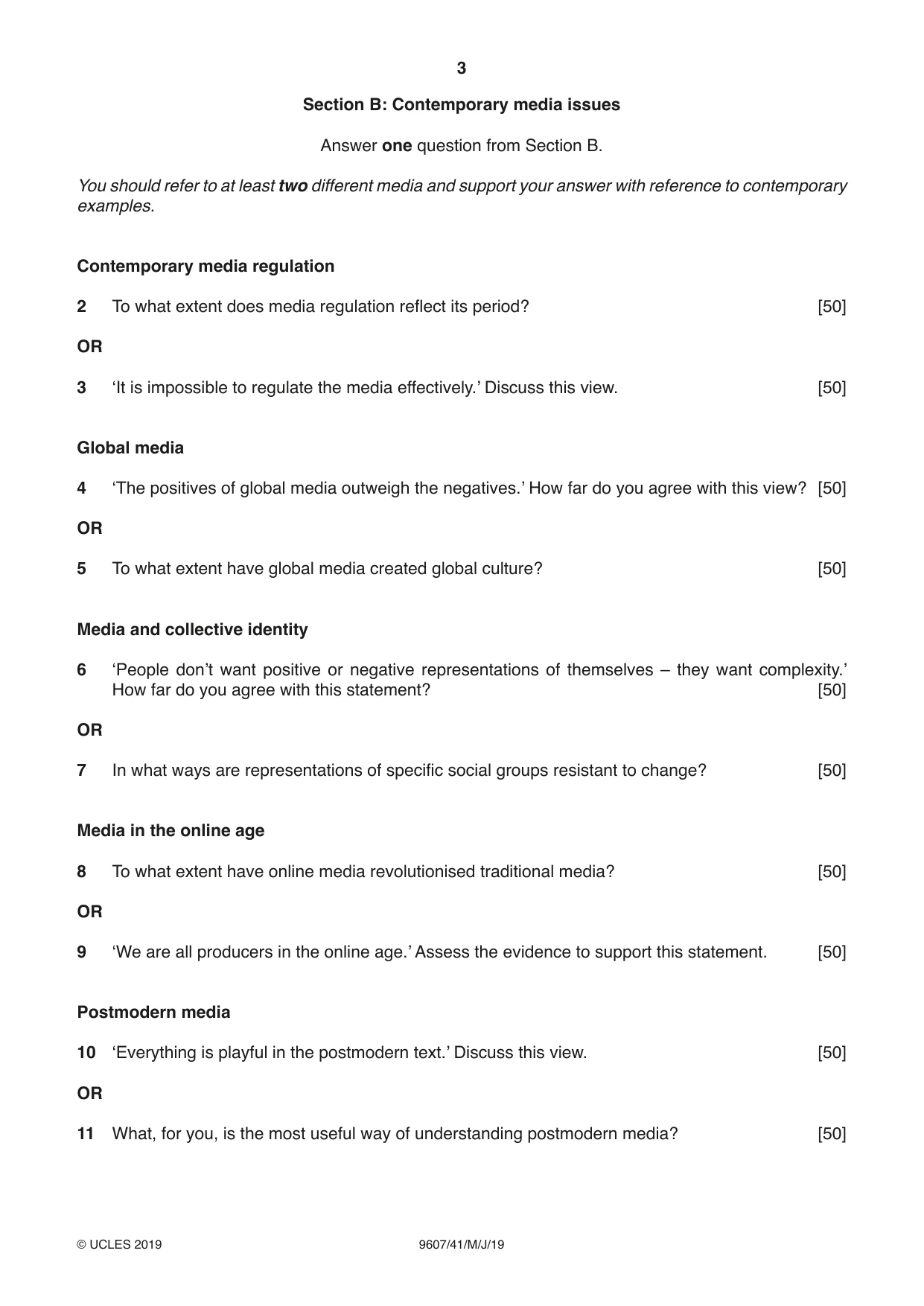 Cambridge A Level Media Studies 9607 2019 May/June Paper 4 · Variant 1 question paper, page 3 of 4