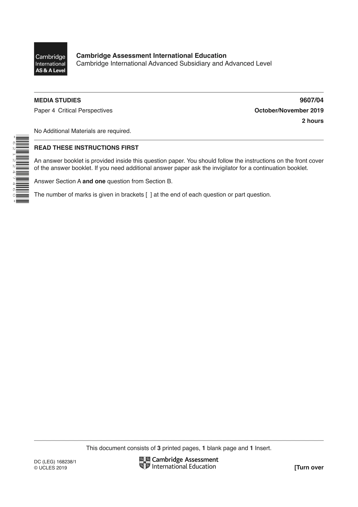 Cambridge A Level Media Studies 9607 2019 Oct/Nov Paper 4 · Variant 1 question paper, page 1 of 4