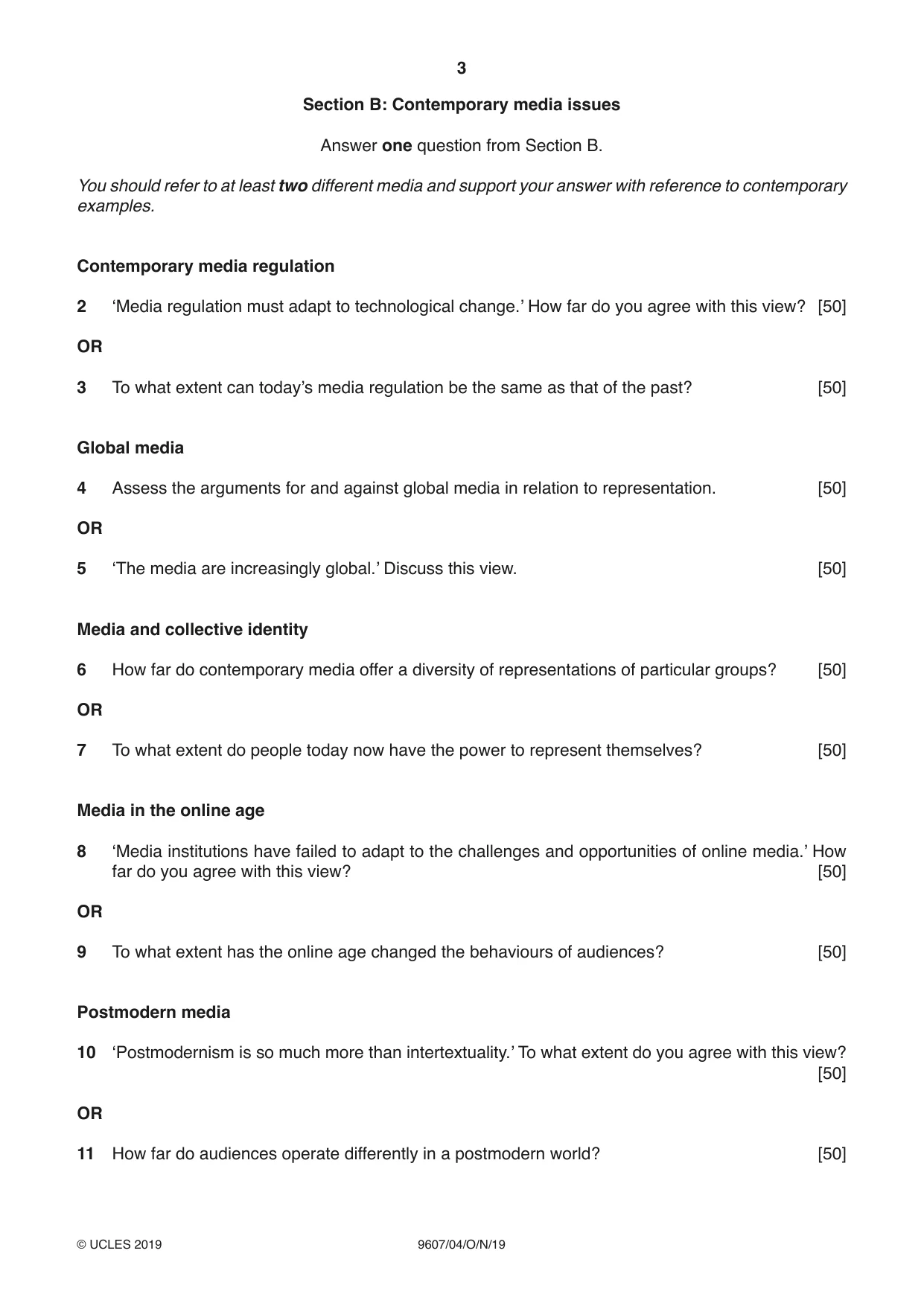 Cambridge A Level Media Studies 9607 2019 Oct/Nov Paper 4 · Variant 1 question paper, page 3 of 4