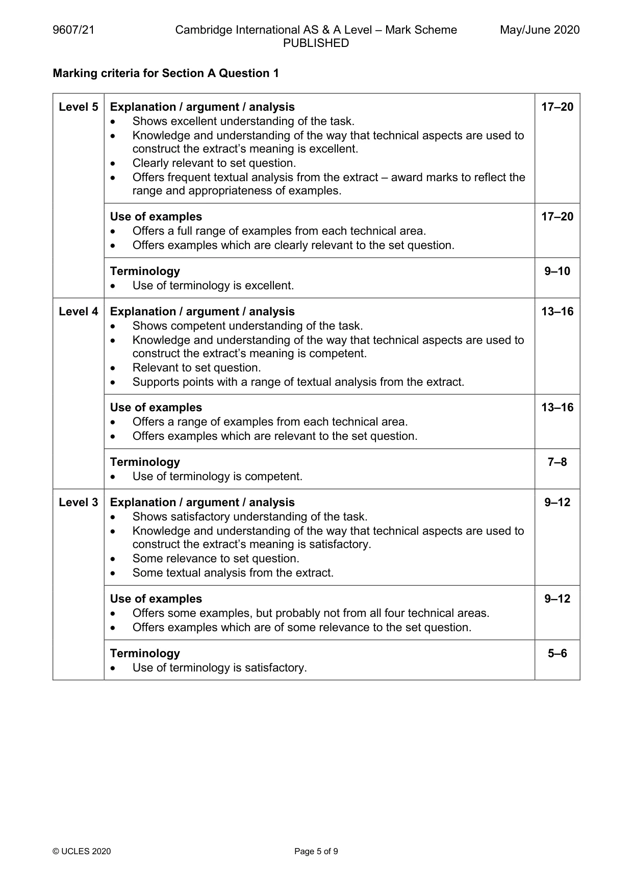 Mark scheme, page 5 of 9