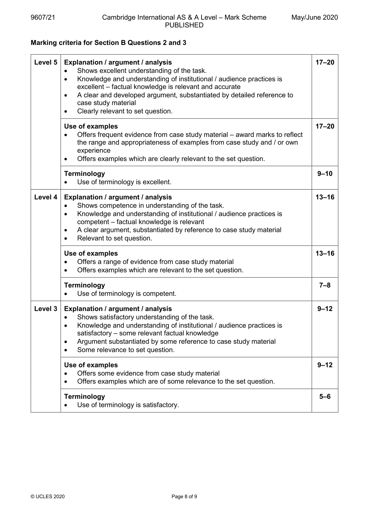 Mark scheme, page 8 of 9
