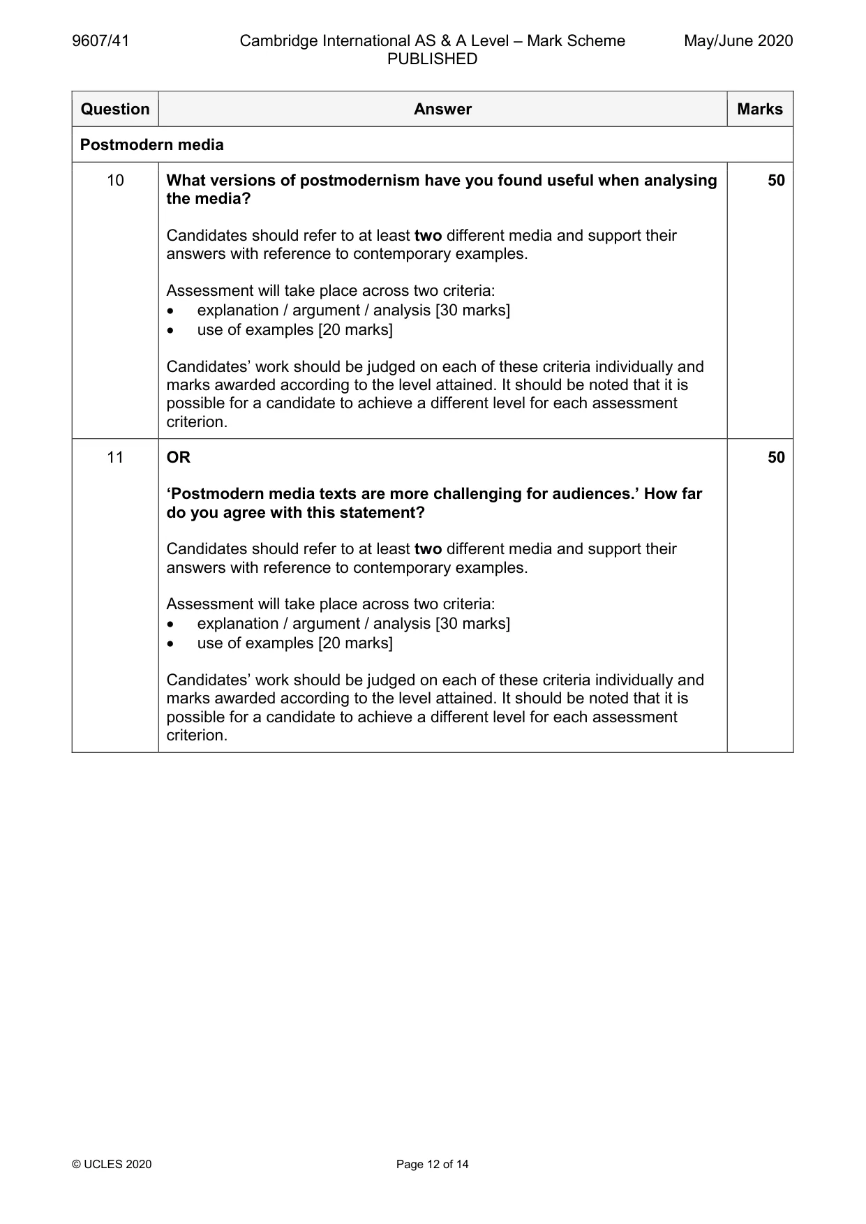 Mark scheme, page 12 of 14