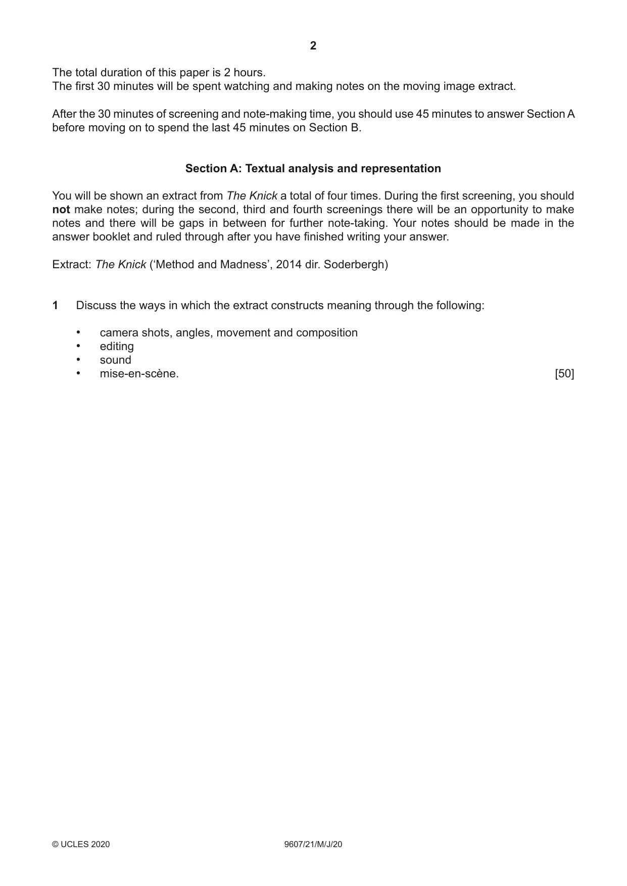 Cambridge A Level Media Studies 9607 2020 May/June Paper 2 · Variant 1 question paper, page 2 of 4