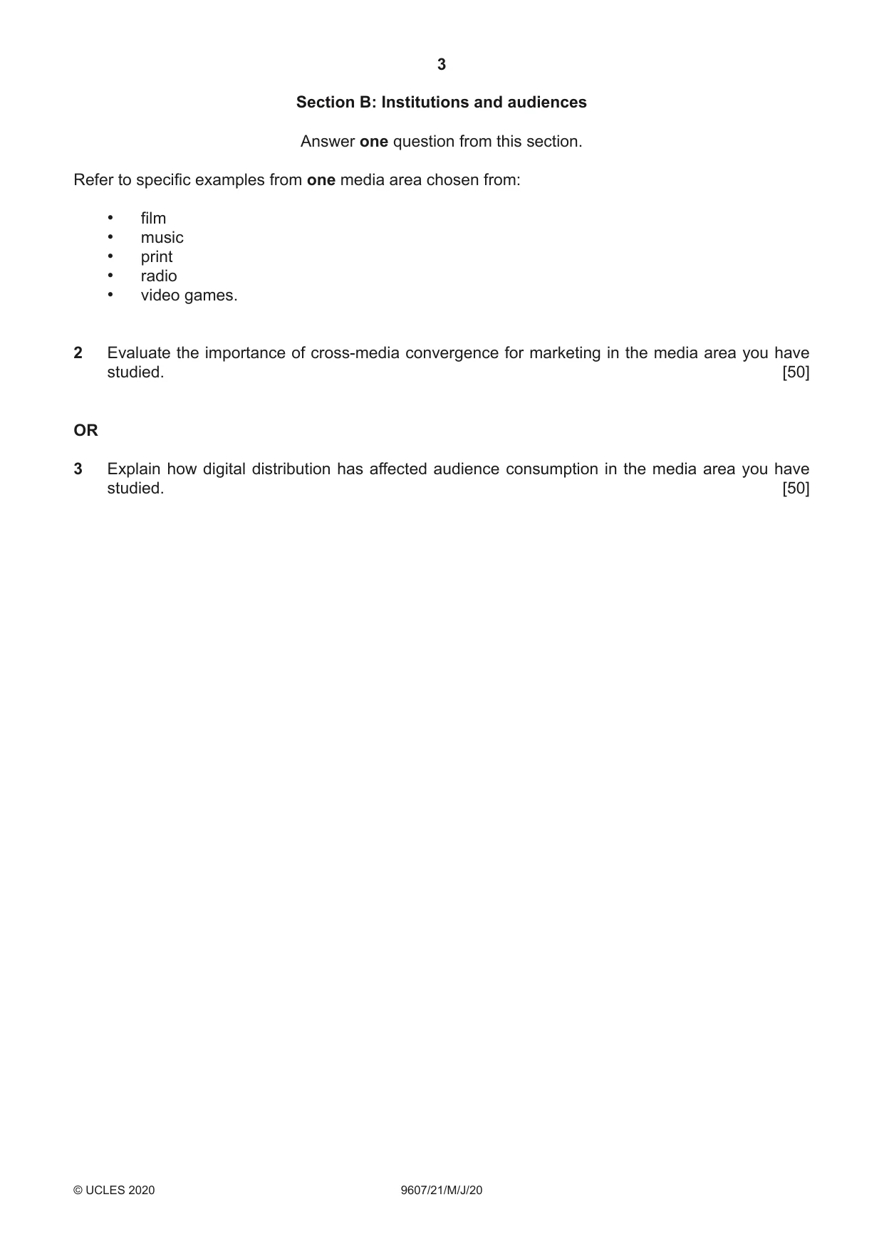 Cambridge A Level Media Studies 9607 2020 May/June Paper 2 · Variant 1 question paper, page 3 of 4