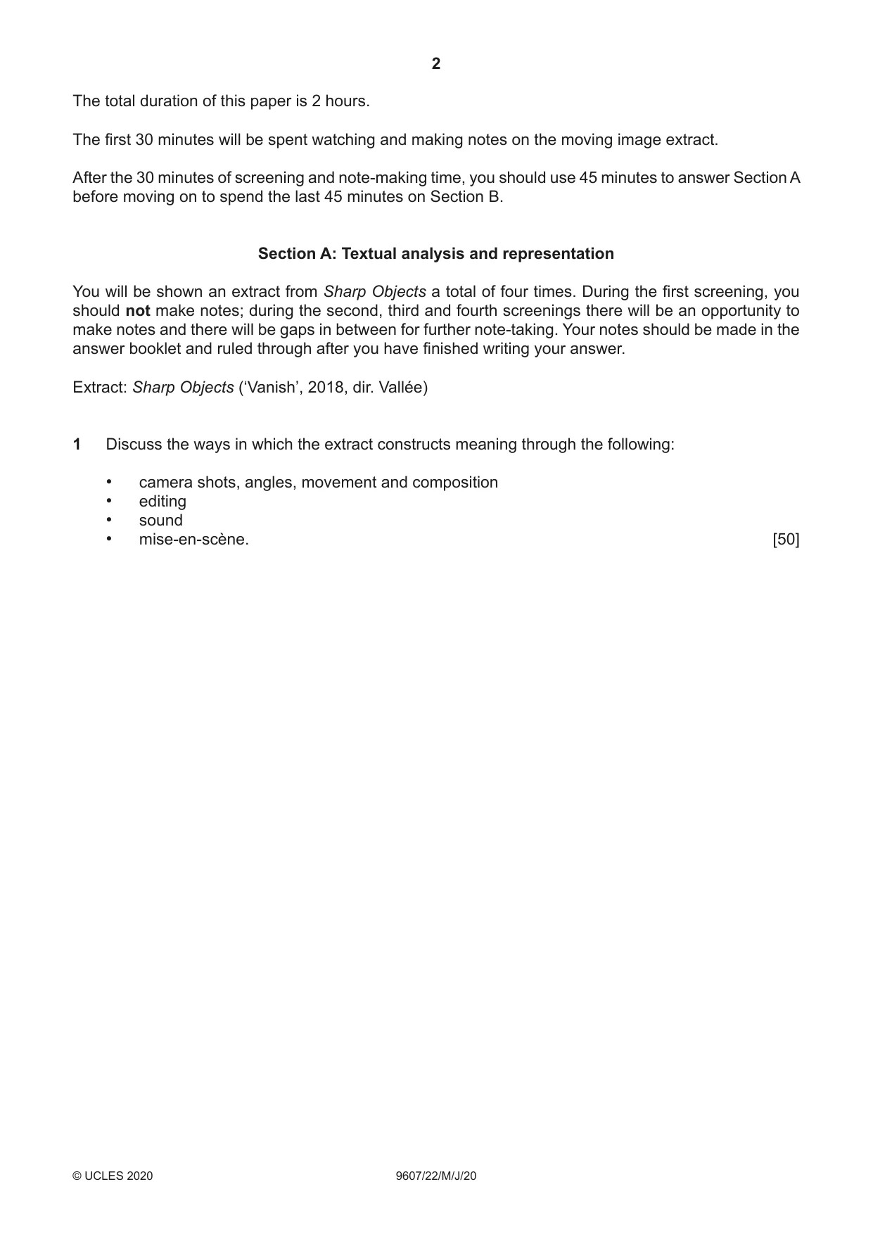 Cambridge A Level Media Studies 9607 2020 May/June Paper 2 · Variant 2 question paper, page 2 of 4
