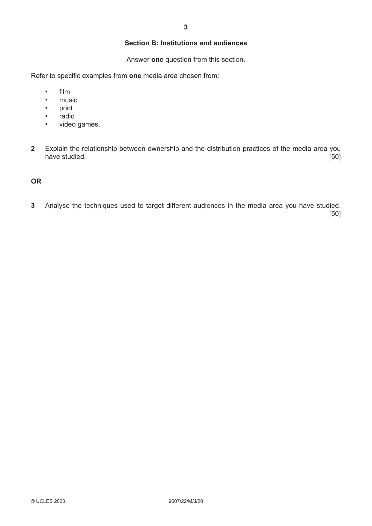 Cambridge A Level Media Studies 9607 2020 May/June Paper 2 · Variant 2 question paper, page 3 of 4