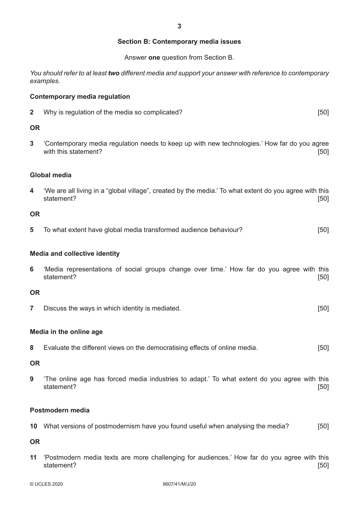 Cambridge A Level Media Studies 9607 2020 May/June Paper 4 · Variant 1 question paper, page 3 of 4