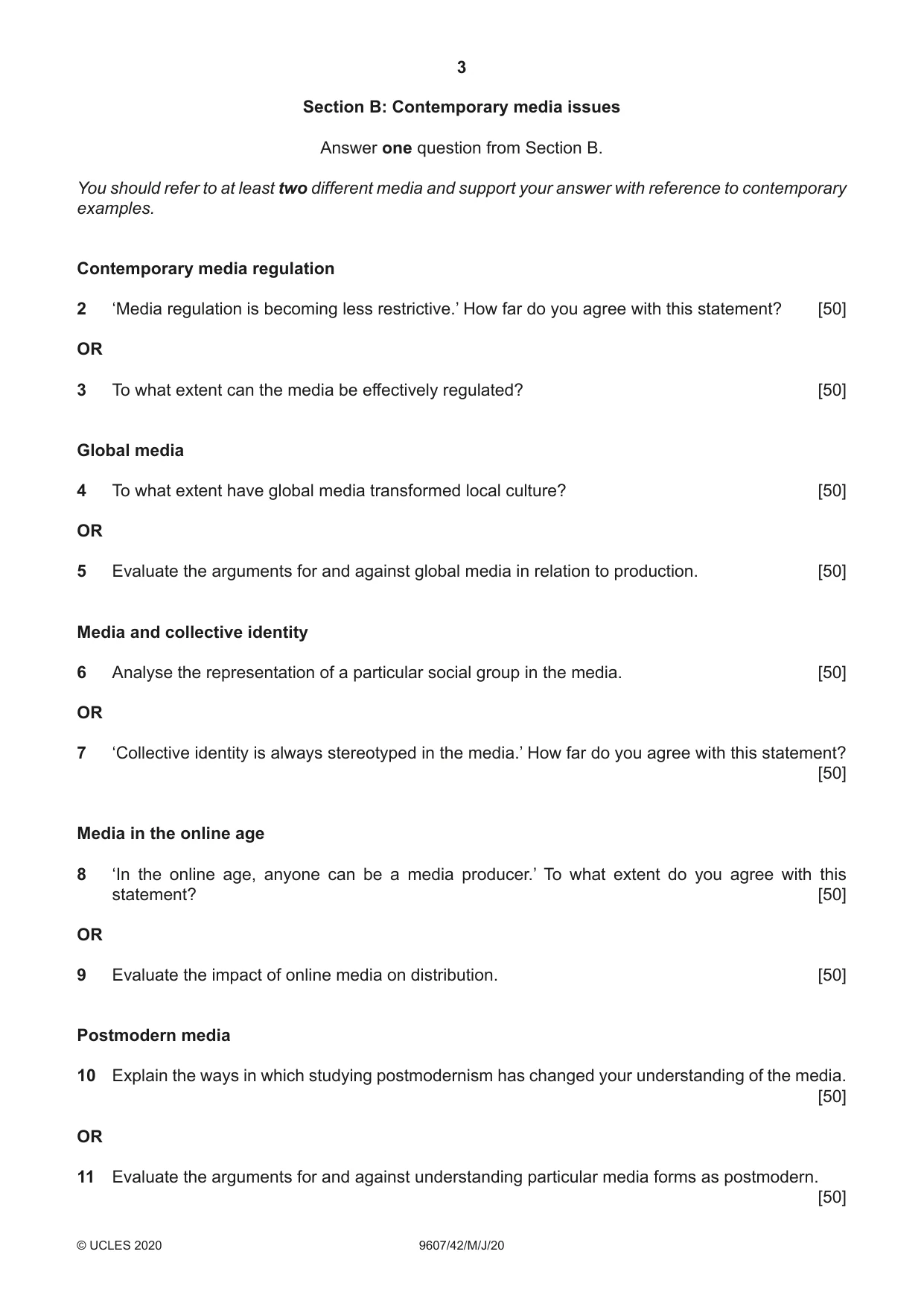 Cambridge A Level Media Studies 9607 2020 May/June Paper 4 · Variant 2 question paper, page 3 of 4