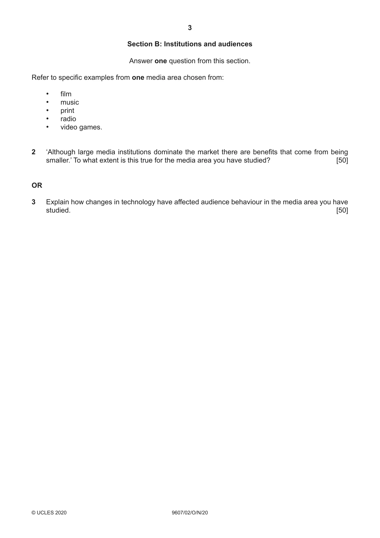 Cambridge A Level Media Studies 9607 2020 Oct/Nov Paper 2 · Variant 0 question paper, page 3 of 4
