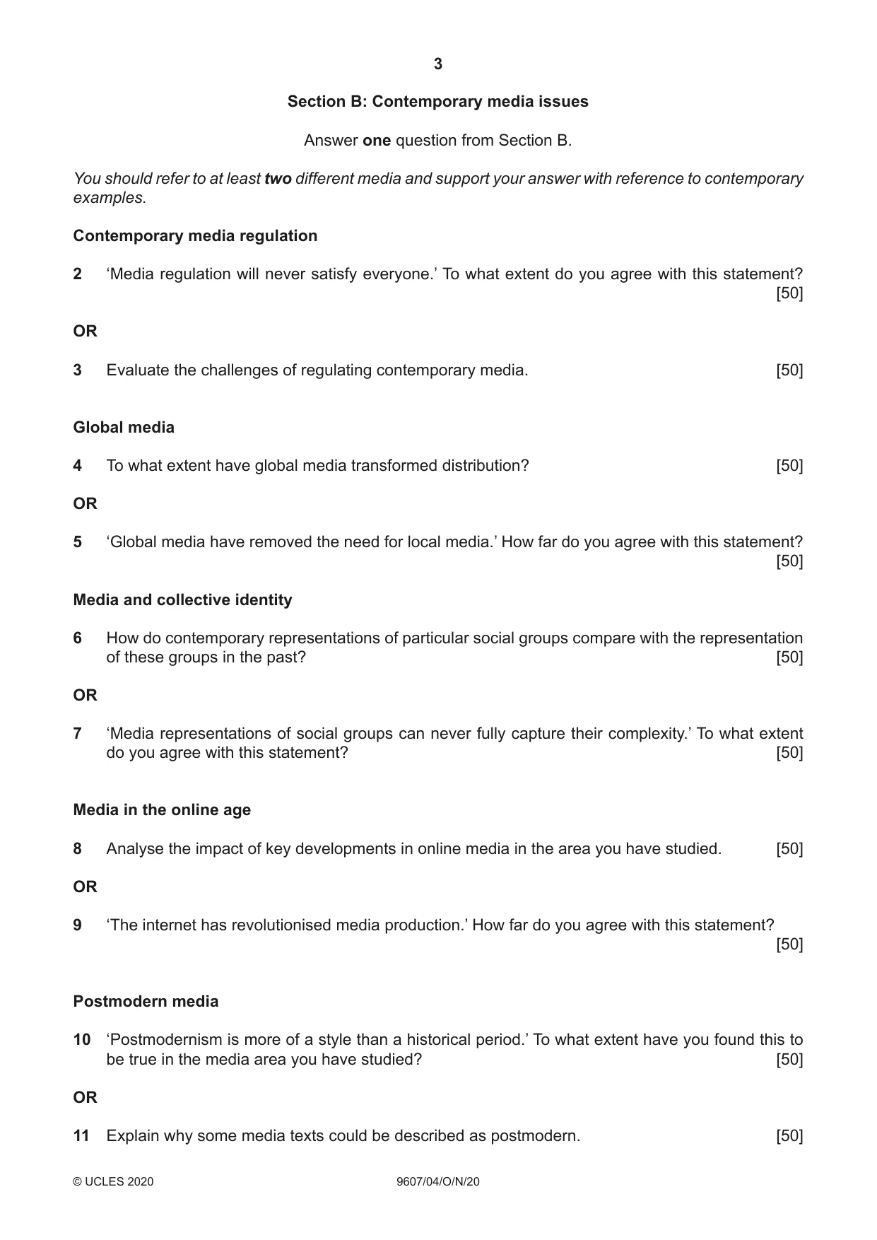 Cambridge A Level Media Studies 9607 2020 Oct/Nov Paper 4 · Variant 0 question paper, page 3 of 4