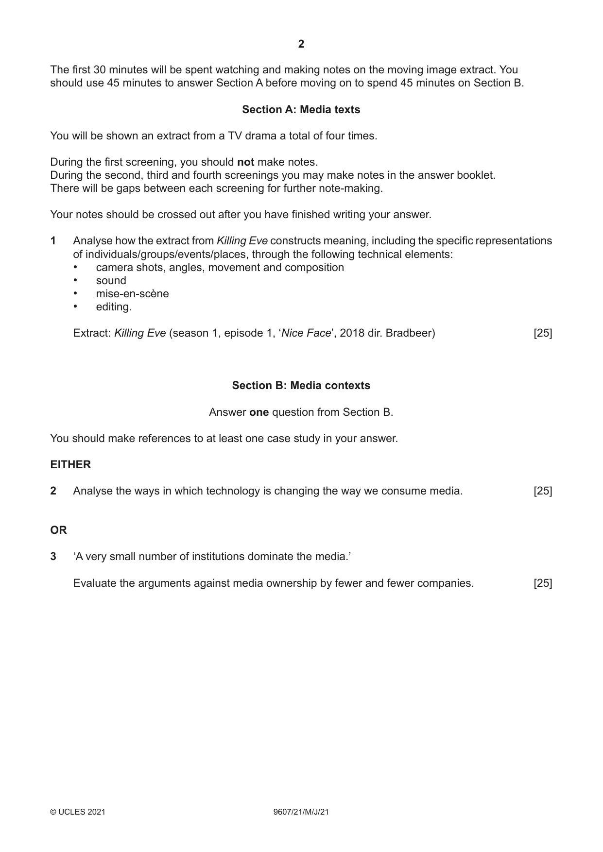 Cambridge A Level Media Studies 9607 2021 May/June Paper 2 · Variant 1 question paper, page 2 of 4