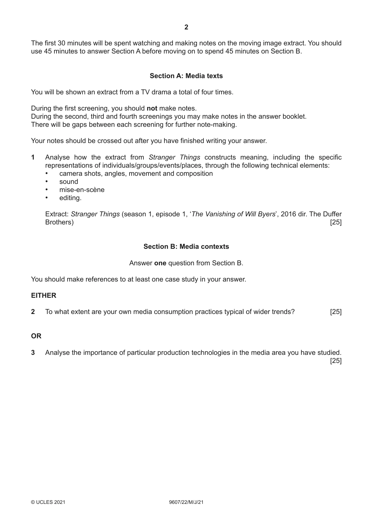 Cambridge A Level Media Studies 9607 2021 May/June Paper 2 · Variant 2 question paper, page 2 of 4