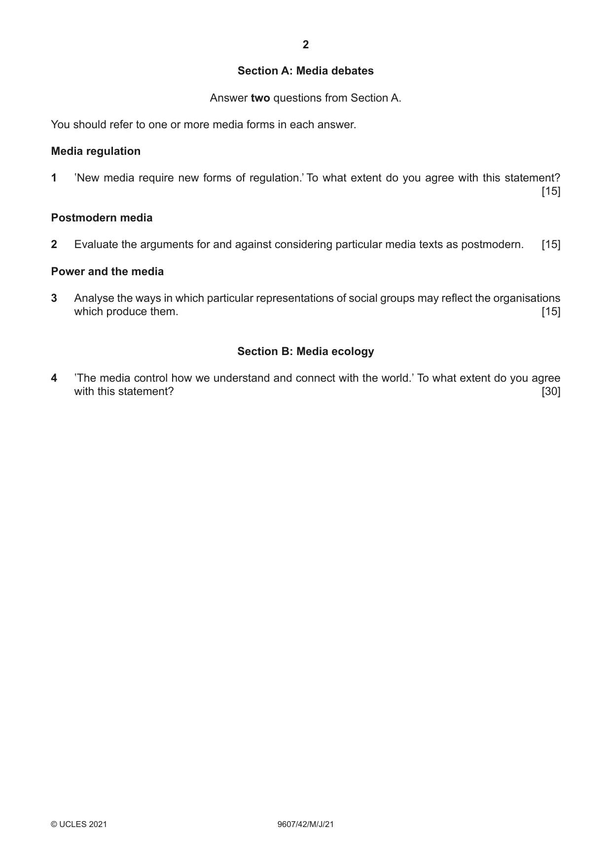 Cambridge A Level Media Studies 9607 2021 May/June Paper 4 · Variant 2 question paper, page 2 of 4