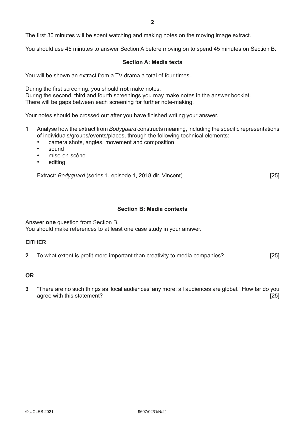 Cambridge A Level Media Studies 9607 2021 Oct/Nov Paper 2 · Variant 0 question paper, page 2 of 4