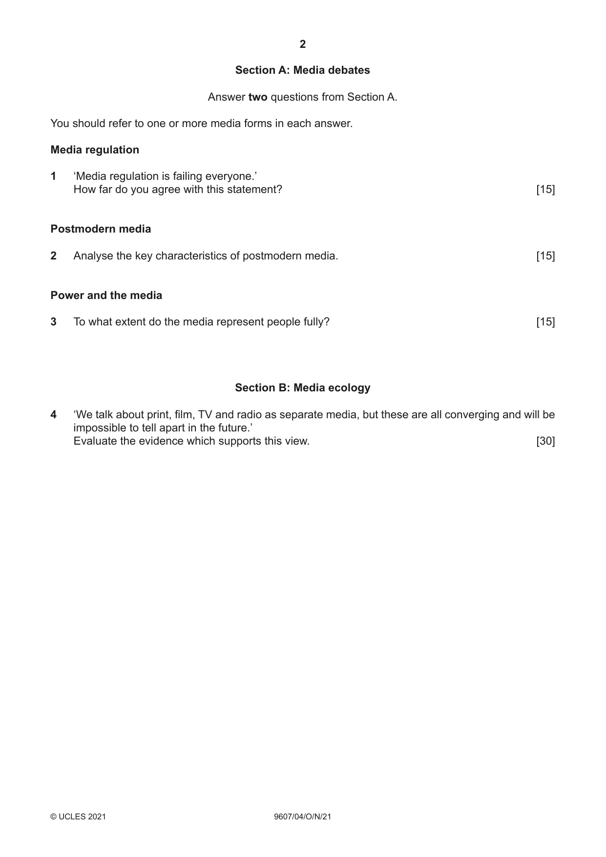 Cambridge A Level Media Studies 9607 2021 Oct/Nov Paper 4 · Variant 0 question paper, page 2 of 4