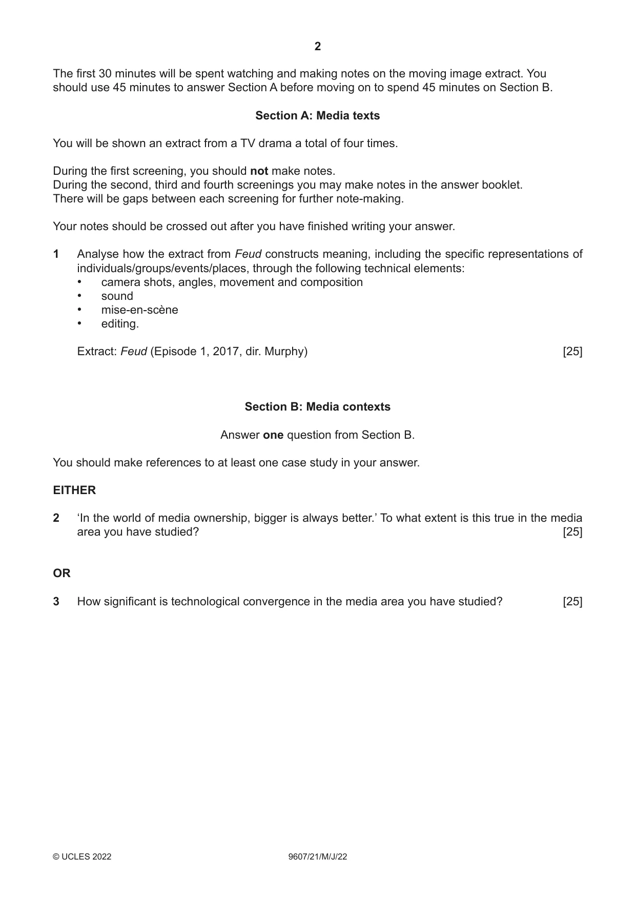Cambridge A Level Media Studies 9607 2022 May/June Paper 2 · Variant 1 question paper, page 2 of 4