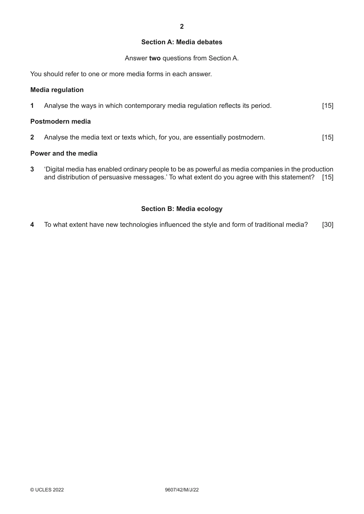 Cambridge A Level Media Studies 9607 2022 May/June Paper 4 · Variant 2 question paper, page 2 of 4