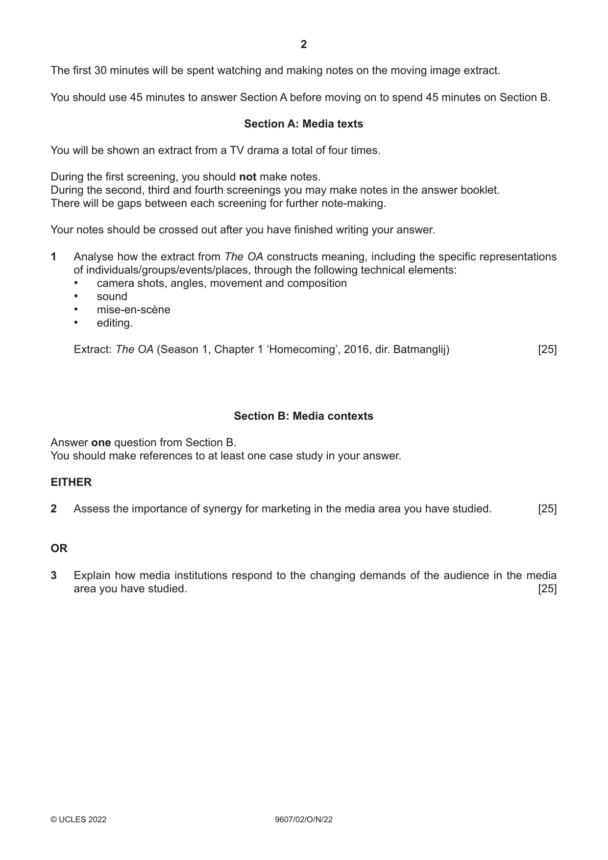 Cambridge A Level Media Studies 9607 2022 Oct/Nov Paper 2 · Variant 0 question paper, page 2 of 4