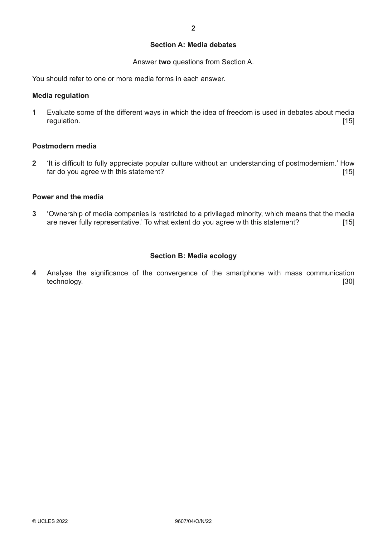 Cambridge A Level Media Studies 9607 2022 Oct/Nov Paper 4 · Variant 0 question paper, page 2 of 4