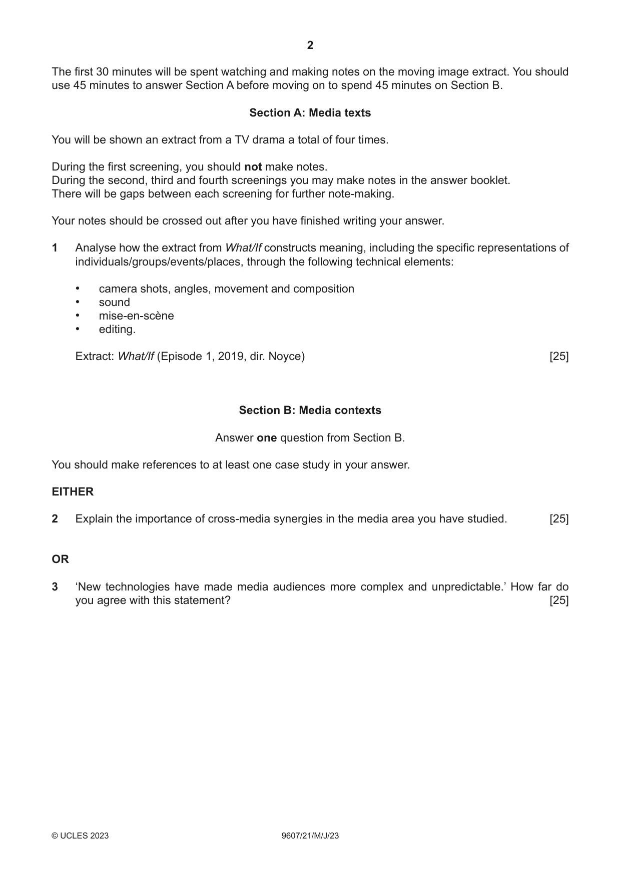 Cambridge A Level Media Studies 9607 2023 May/June Paper 2 · Variant 1 question paper, page 2 of 4