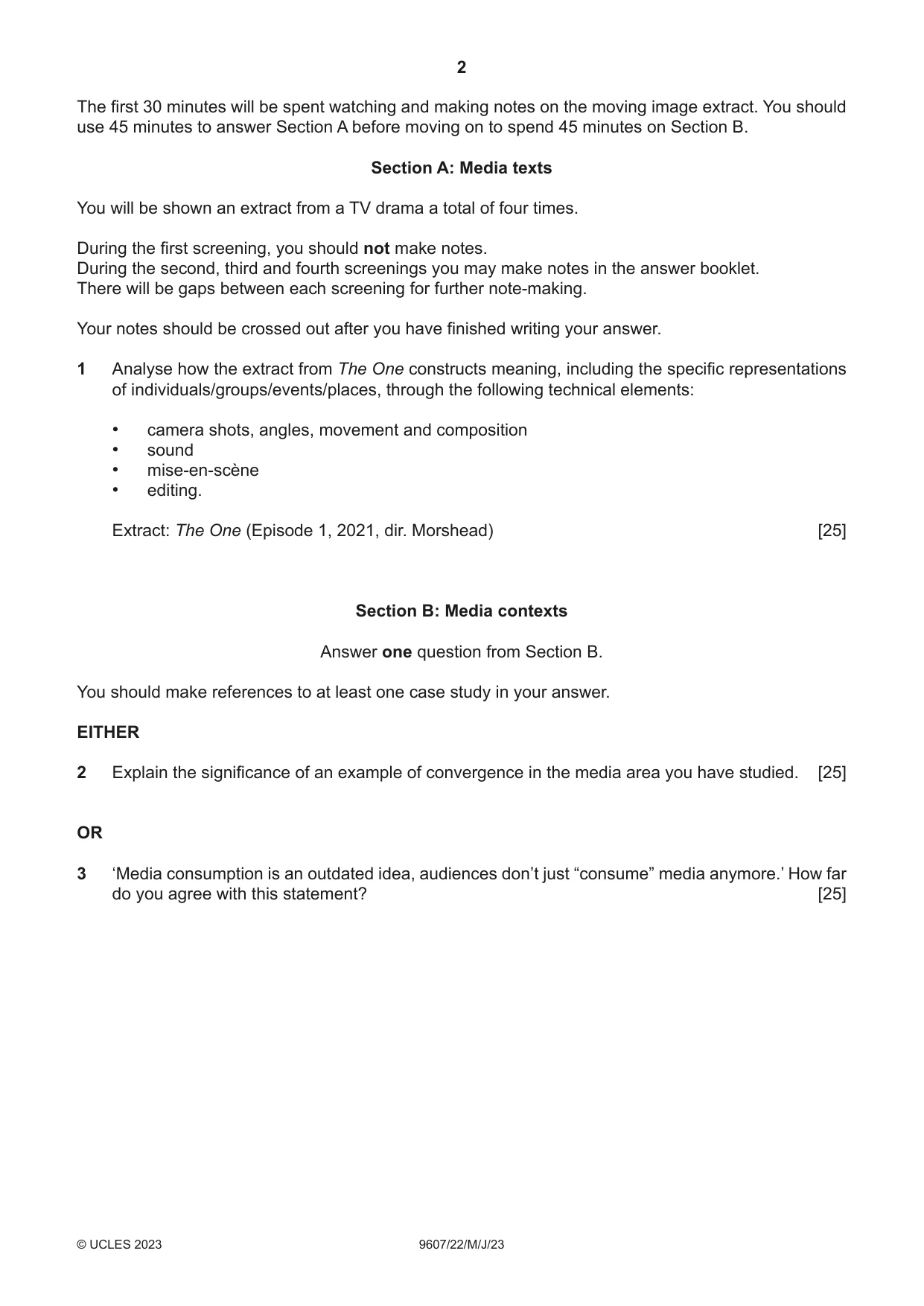 Cambridge A Level Media Studies 9607 2023 May/June Paper 2 · Variant 2 question paper, page 2 of 4