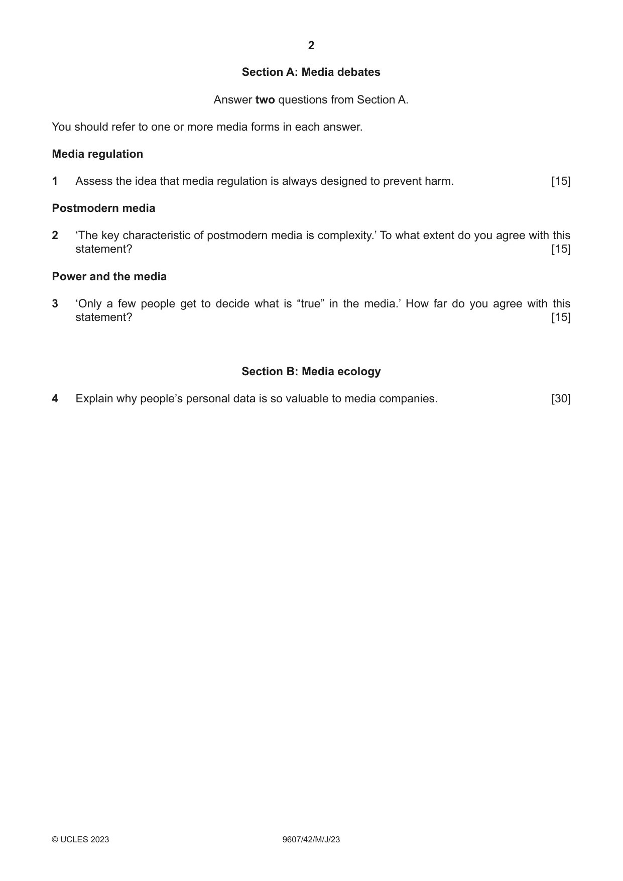 Cambridge A Level Media Studies 9607 2023 May/June Paper 4 · Variant 2 question paper, page 2 of 4