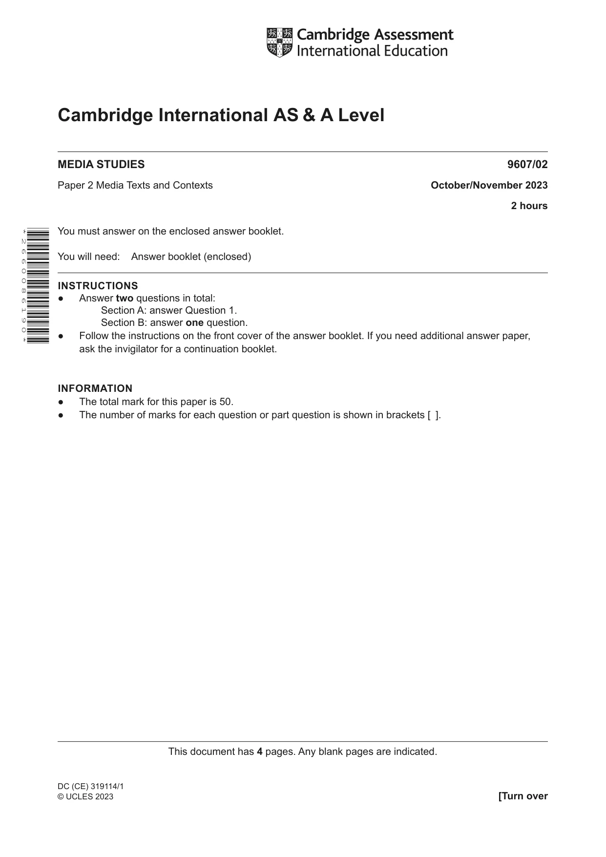 Cambridge A Level Media Studies 9607 2023 Oct/Nov Paper 2 · Variant 0 question paper, page 1 of 4