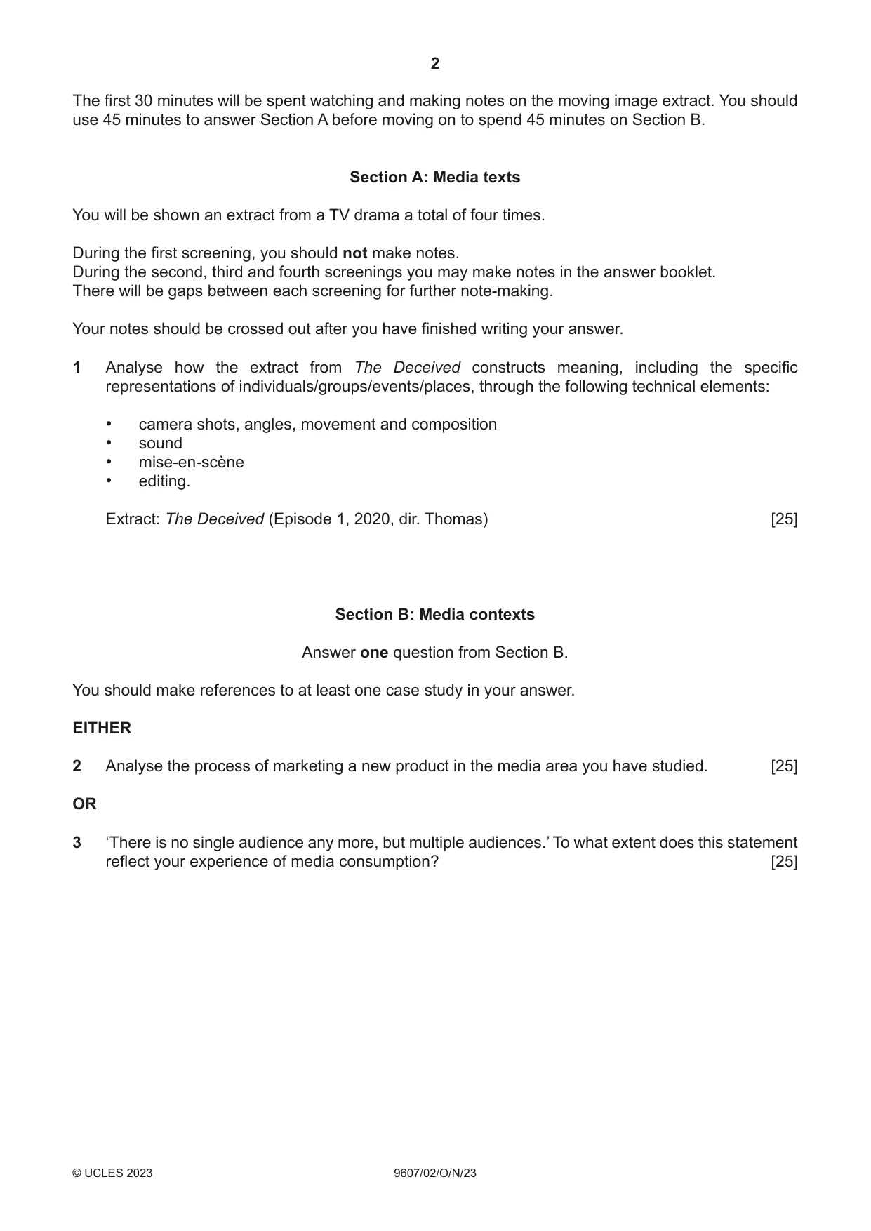 Cambridge A Level Media Studies 9607 2023 Oct/Nov Paper 2 · Variant 0 question paper, page 2 of 4