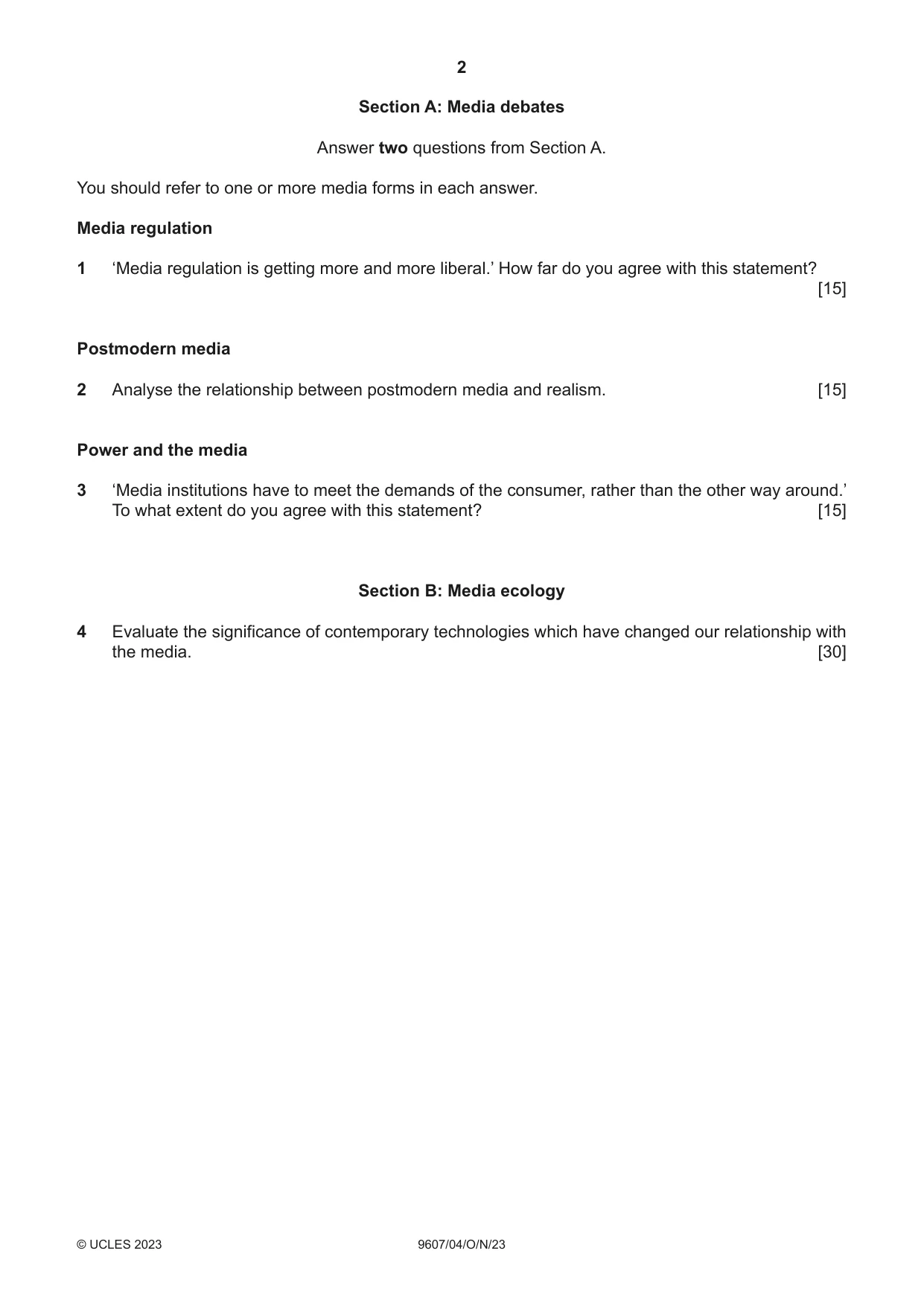 Cambridge A Level Media Studies 9607 2023 Oct/Nov Paper 4 · Variant 0 question paper, page 2 of 4