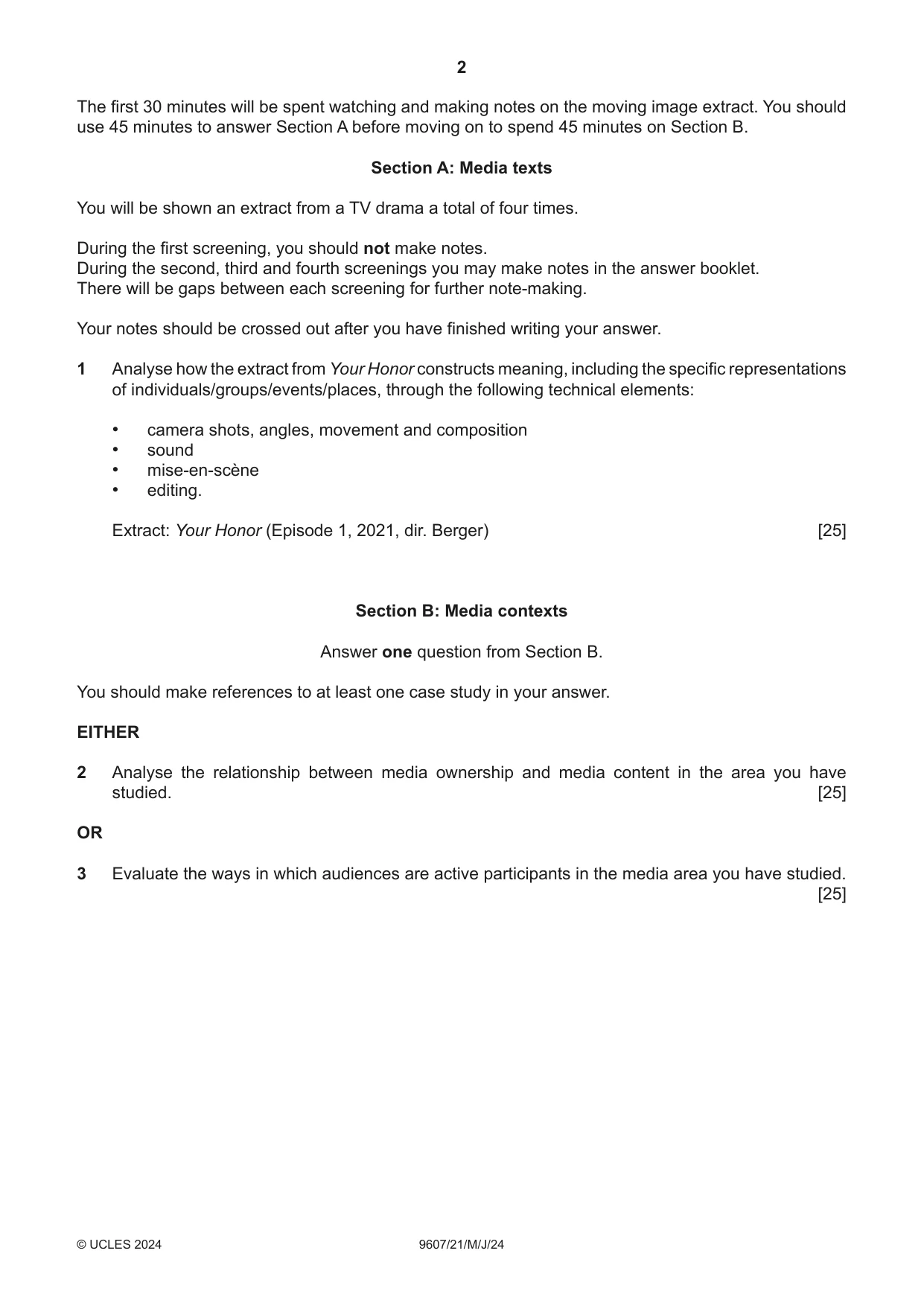 Cambridge A Level Media Studies 9607 2024 May/June Paper 2 · Variant 1 question paper, page 2 of 4