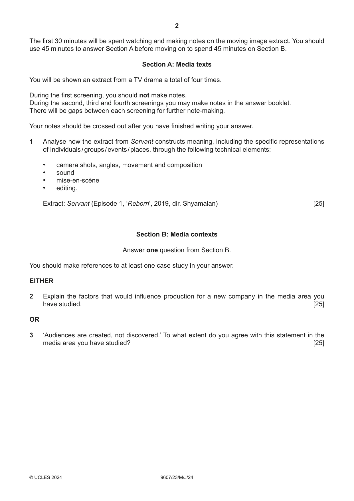 Cambridge A Level Media Studies 9607 2024 May/June Paper 2 · Variant 3 question paper, page 2 of 4