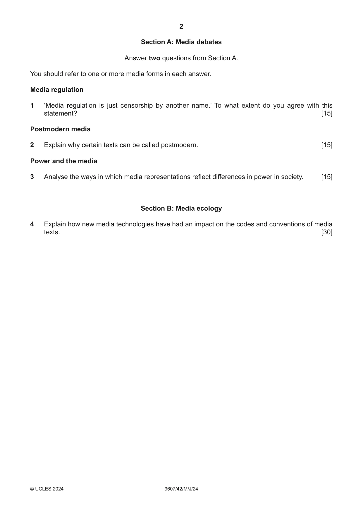 Cambridge A Level Media Studies 9607 2024 May/June Paper 4 · Variant 2 question paper, page 2 of 4