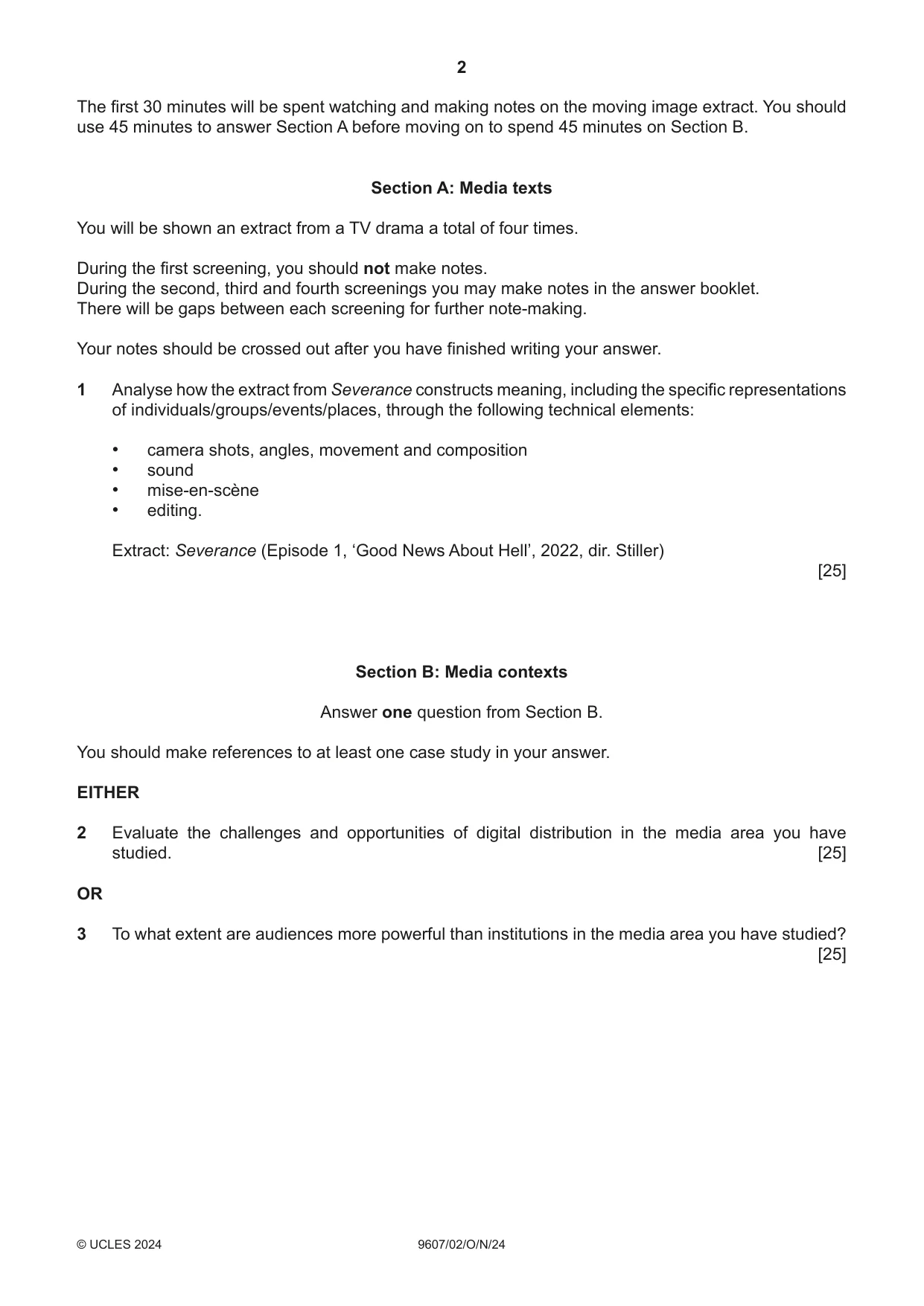 Cambridge A Level Media Studies 9607 2024 Oct/Nov Paper 2 · Variant 0 question paper, page 2 of 4
