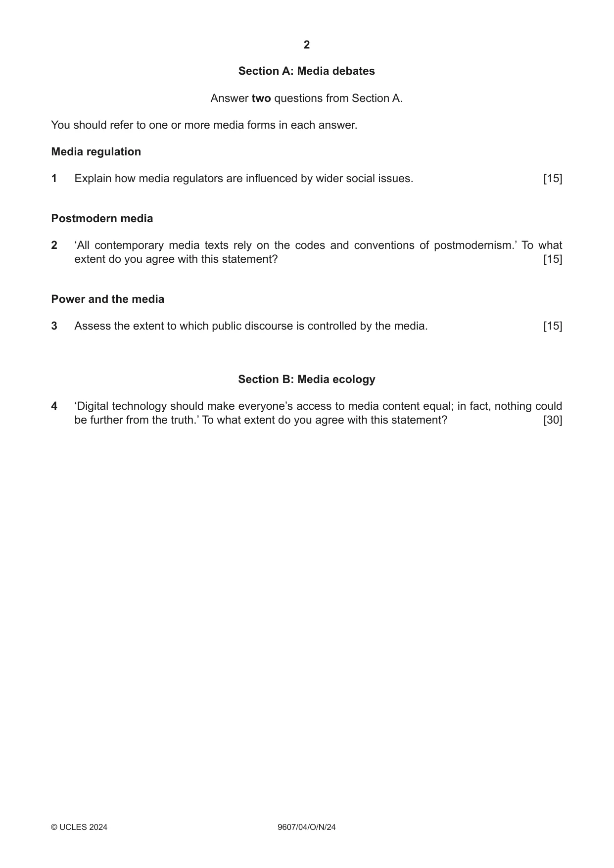 Cambridge A Level Media Studies 9607 2024 Oct/Nov Paper 4 · Variant 0 question paper, page 2 of 4
