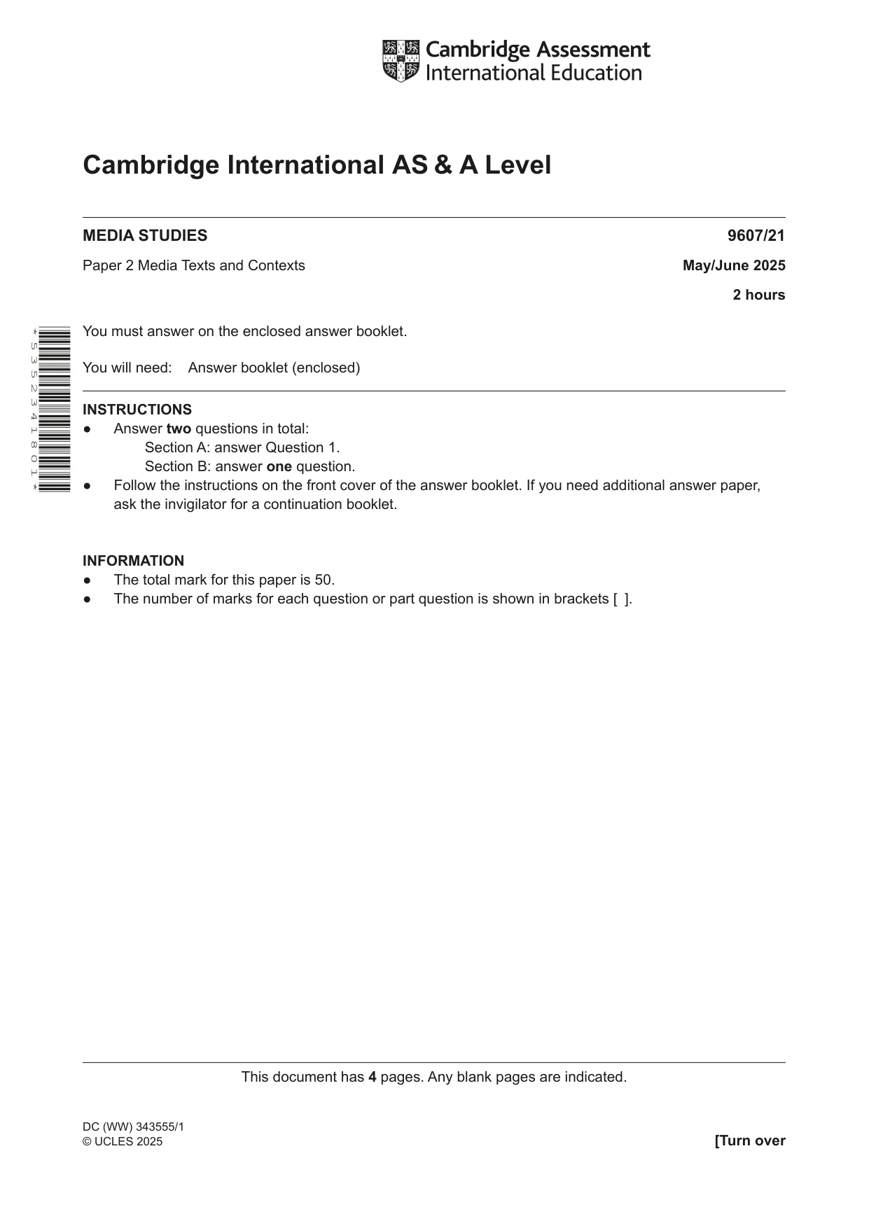 Cambridge A Level Media Studies 9607 2025 May/June Paper 2 · Variant 1 question paper, page 1 of 4