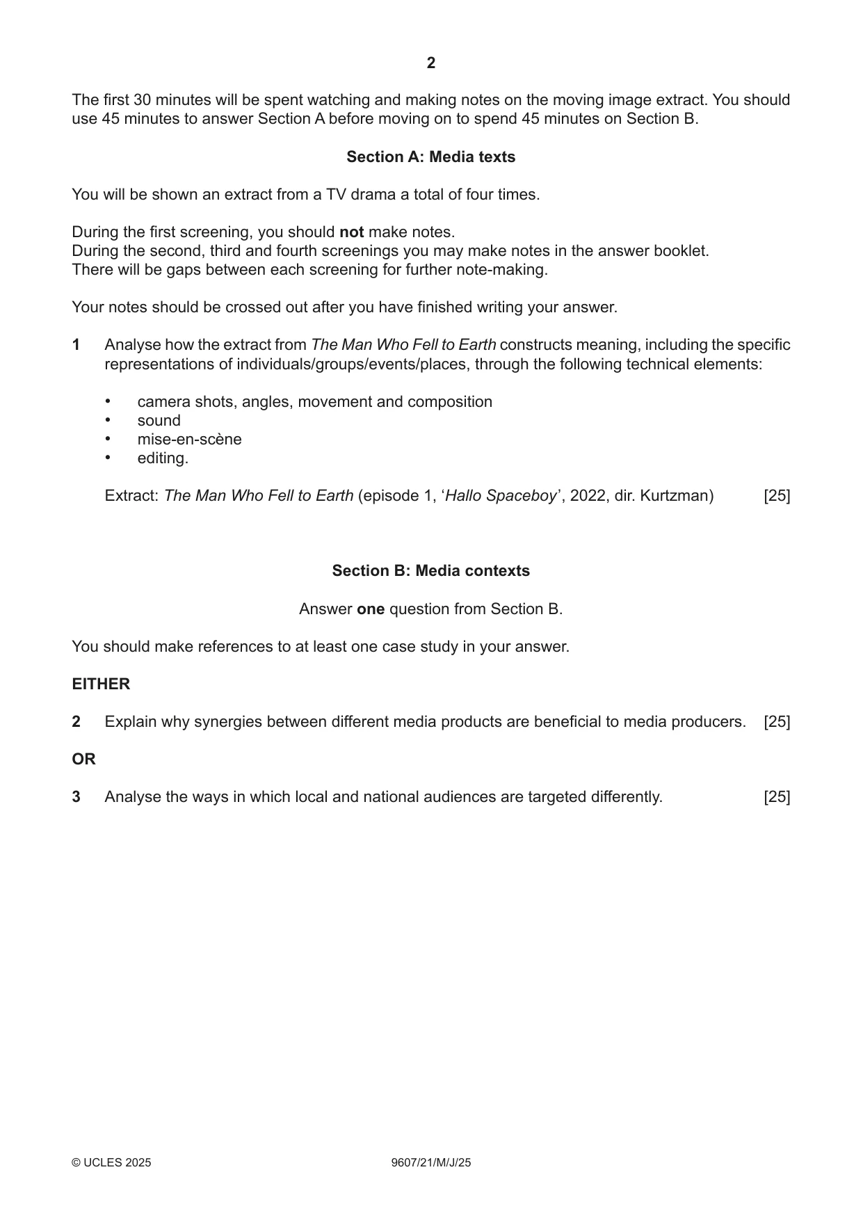 Cambridge A Level Media Studies 9607 2025 May/June Paper 2 · Variant 1 question paper, page 2 of 4