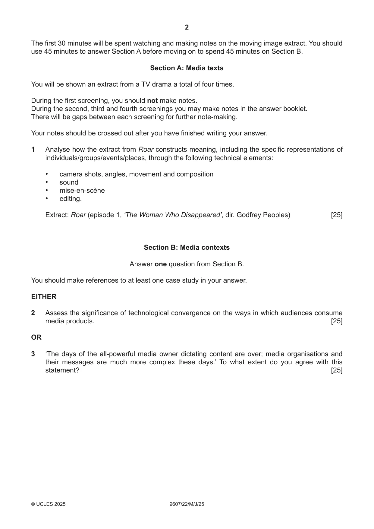 Cambridge A Level Media Studies 9607 2025 May/June Paper 2 · Variant 2 question paper, page 2 of 4