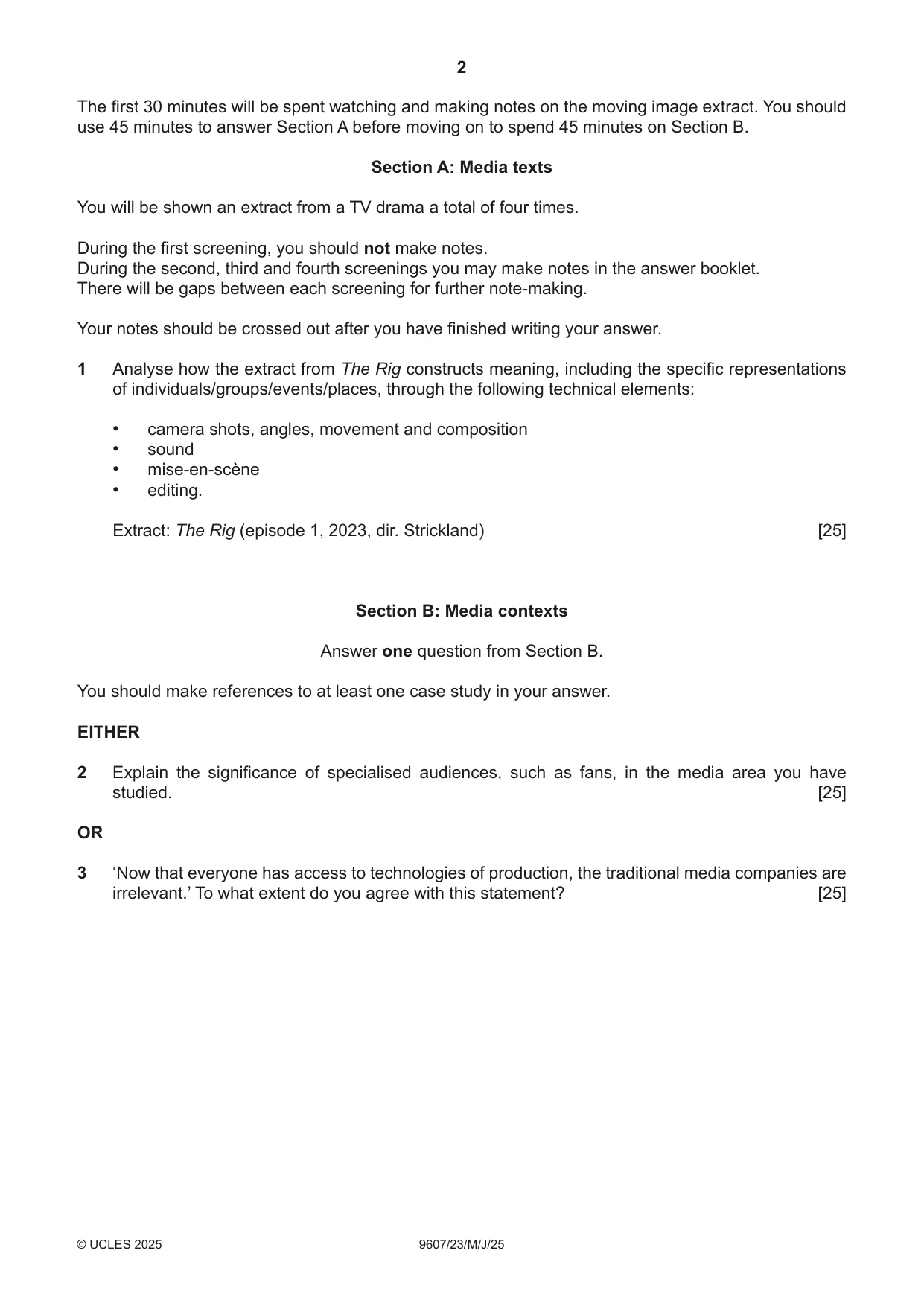 Cambridge A Level Media Studies 9607 2025 May/June Paper 2 · Variant 3 question paper, page 2 of 4