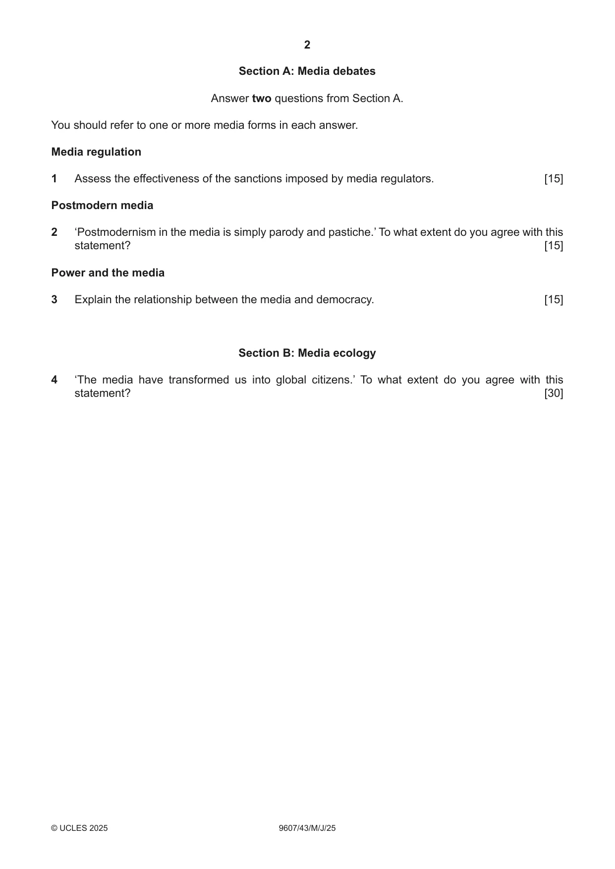 Cambridge A Level Media Studies 9607 2025 May/June Paper 4 · Variant 3 question paper, page 2 of 4