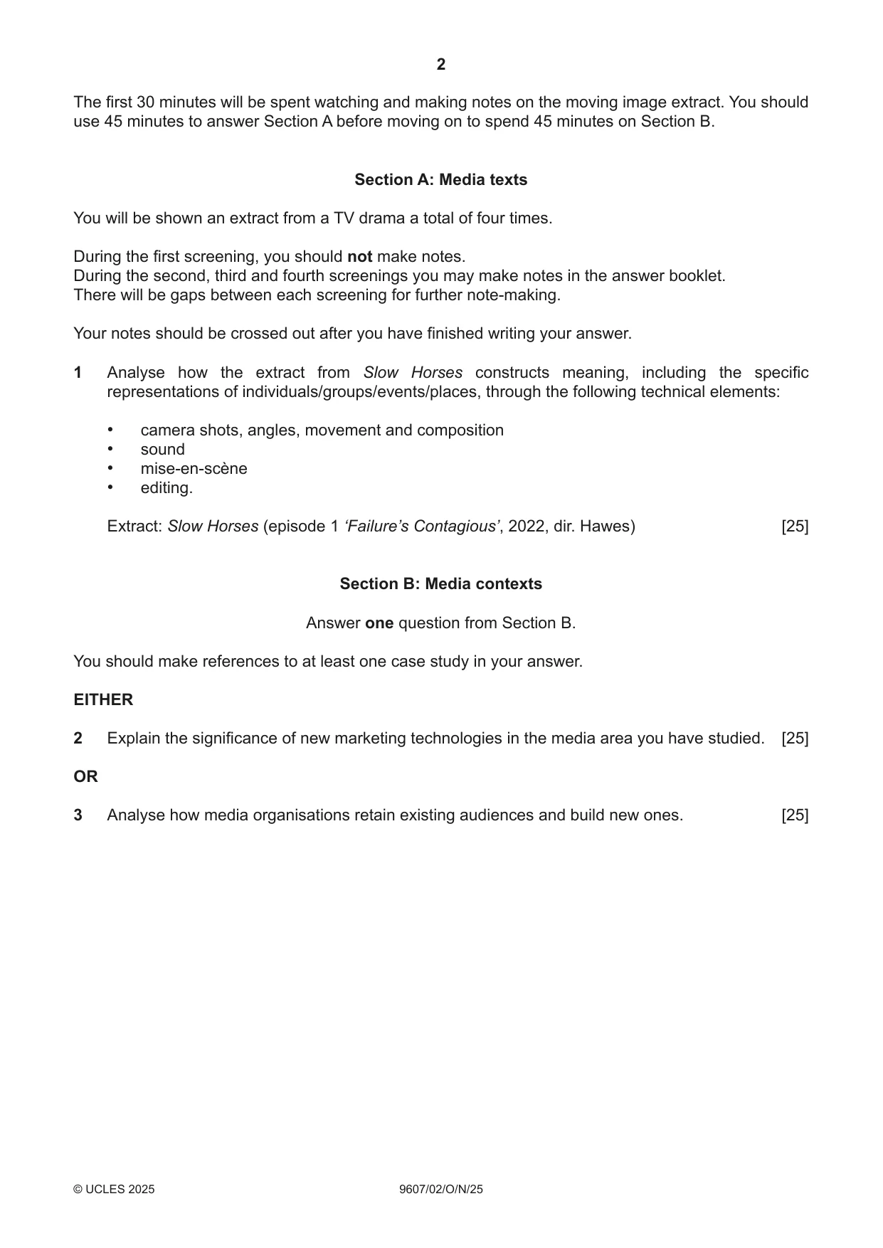 Cambridge A Level Media Studies 9607 2025 Oct/Nov Paper 2 · Variant 0 question paper, page 2 of 4