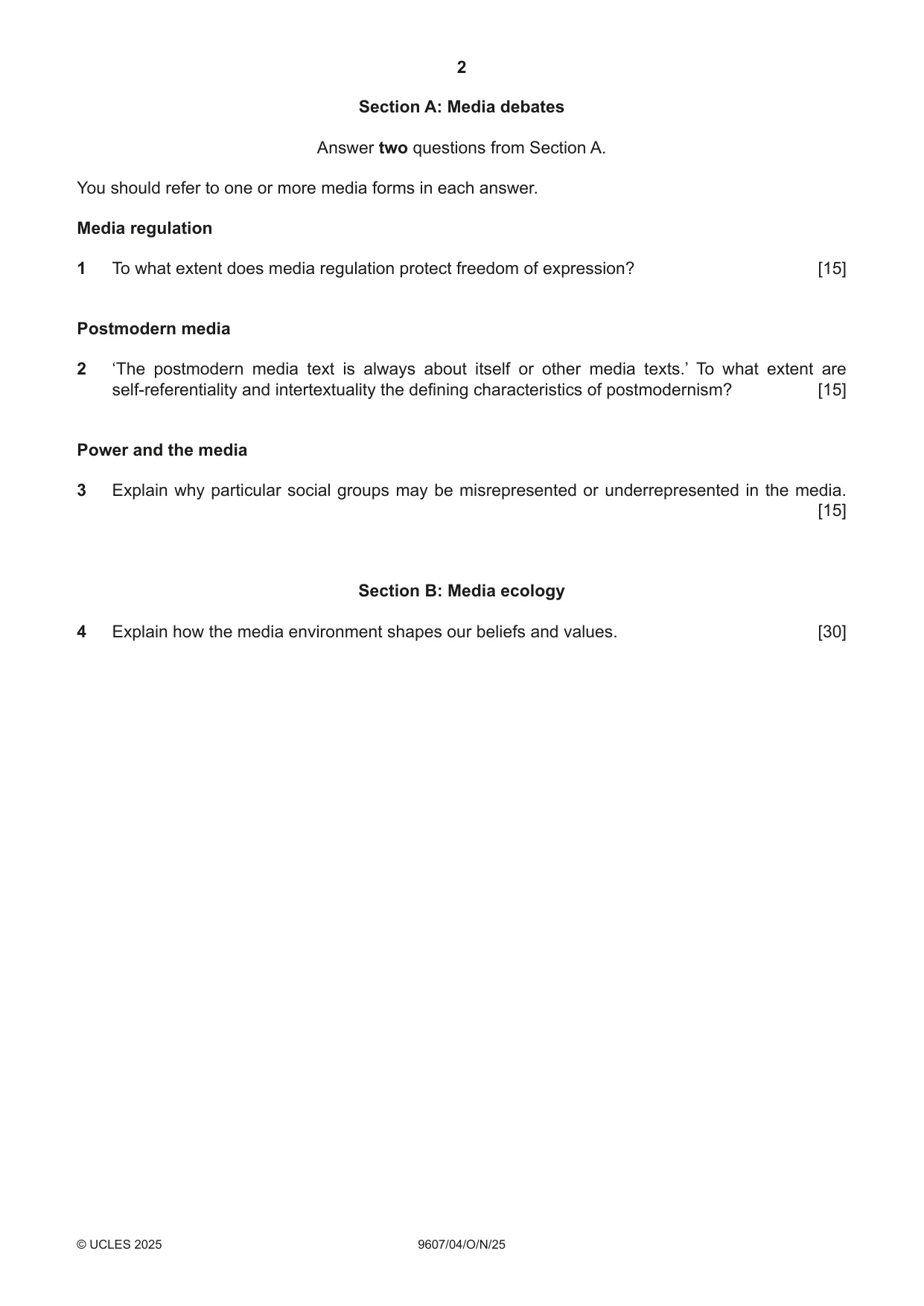 Cambridge A Level Media Studies 9607 2025 Oct/Nov Paper 4 · Variant 0 question paper, page 2 of 4