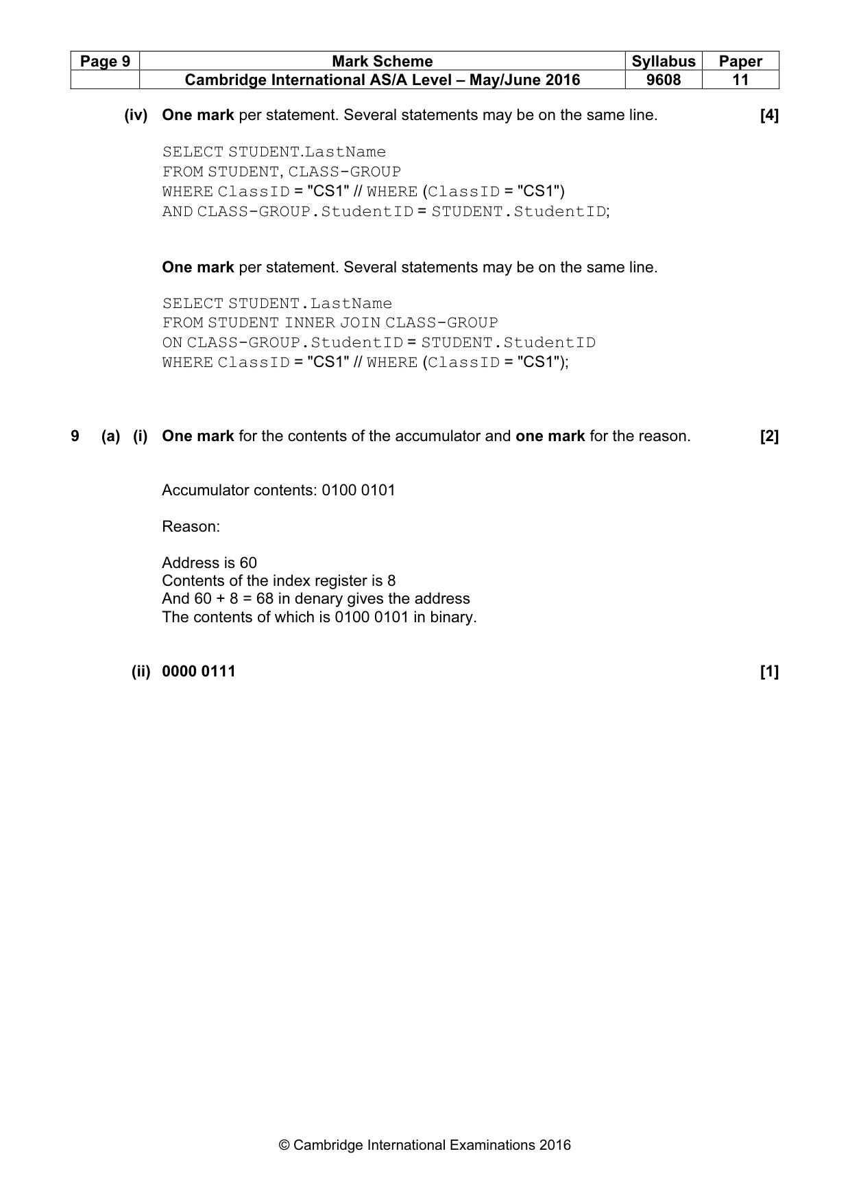 Mark scheme, page 9 of 10
