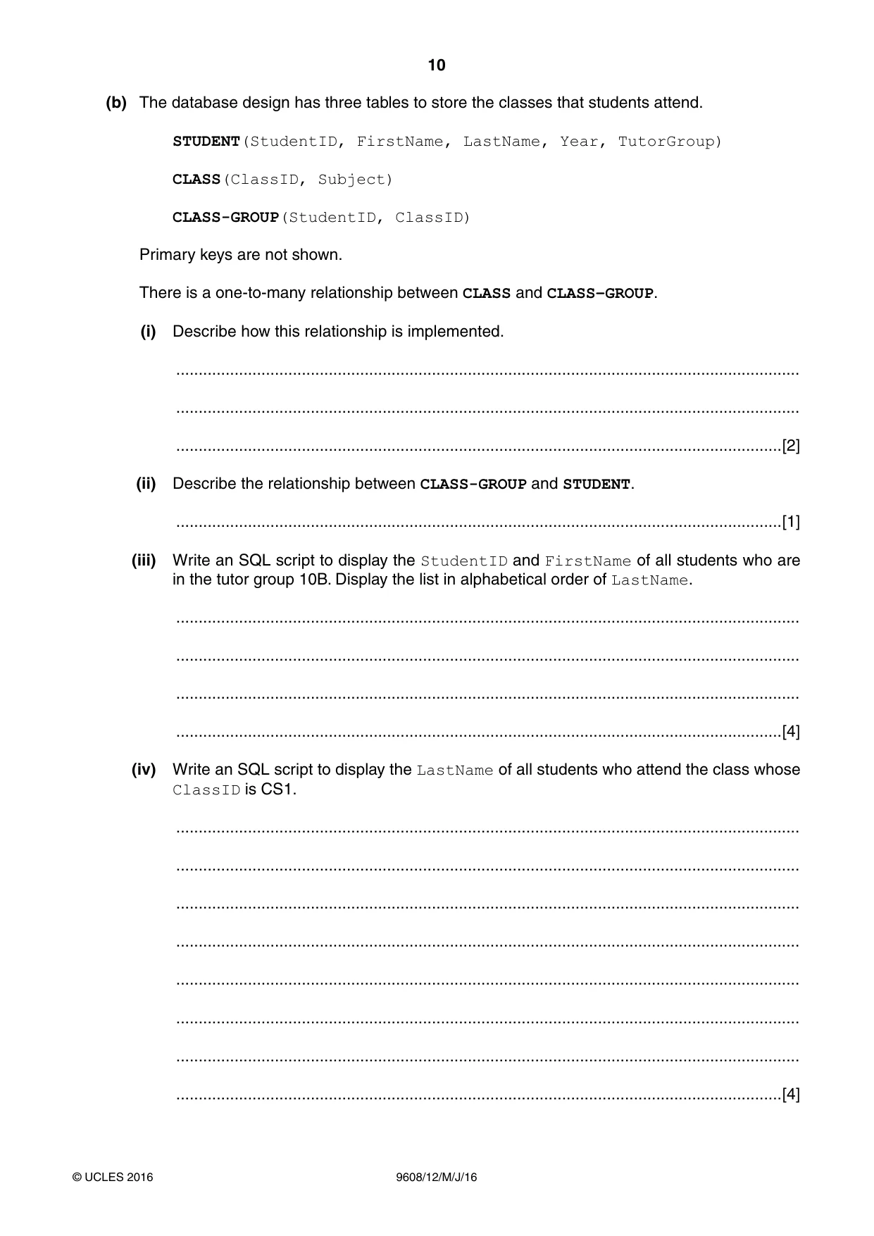 Cambridge A Level Computer Science 9608 2016 May/June Paper 1 · Variant 2 question paper, page 10 of 16
