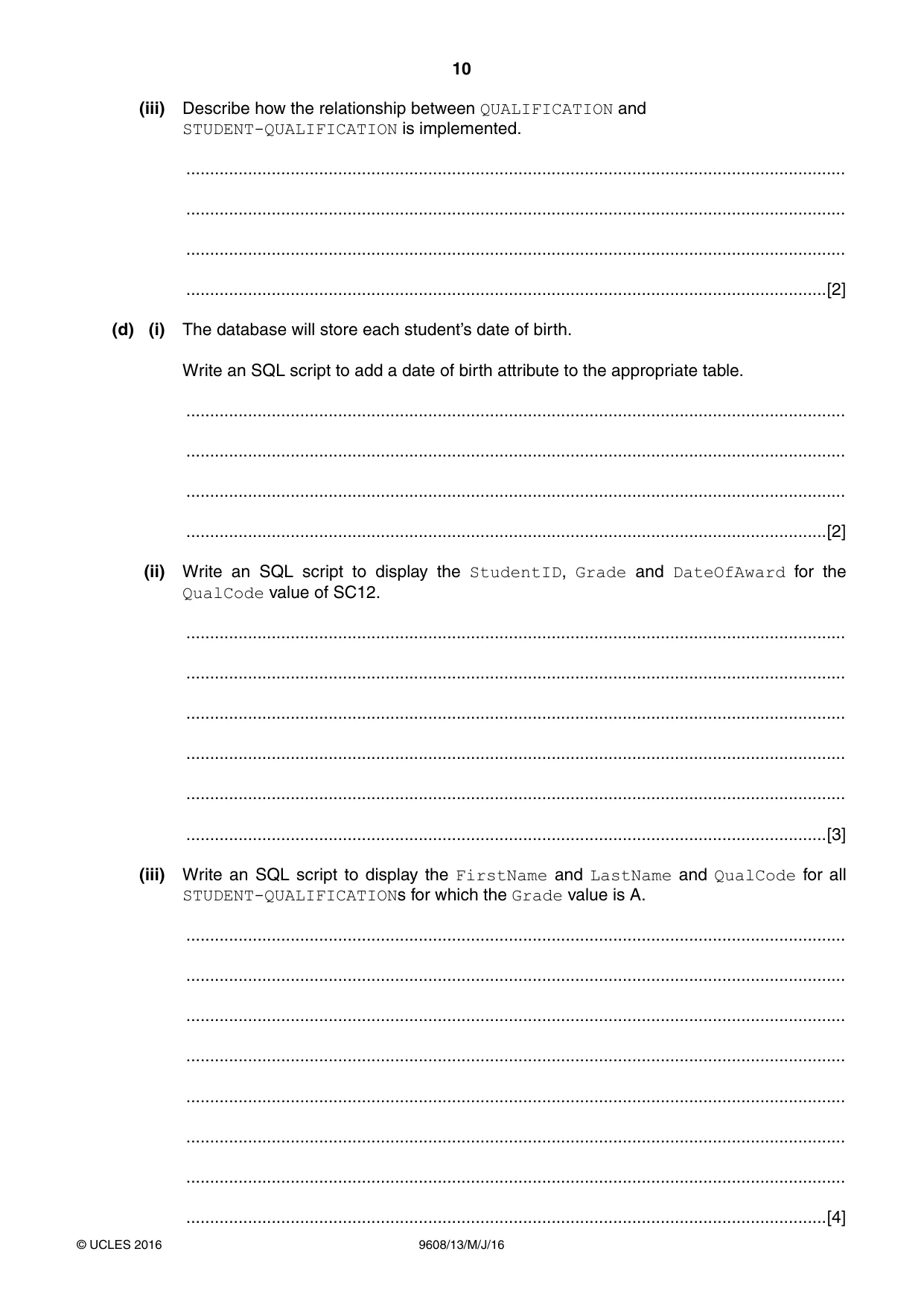 Cambridge A Level Computer Science 9608 2016 May/June Paper 1 · Variant 3 question paper, page 10 of 16