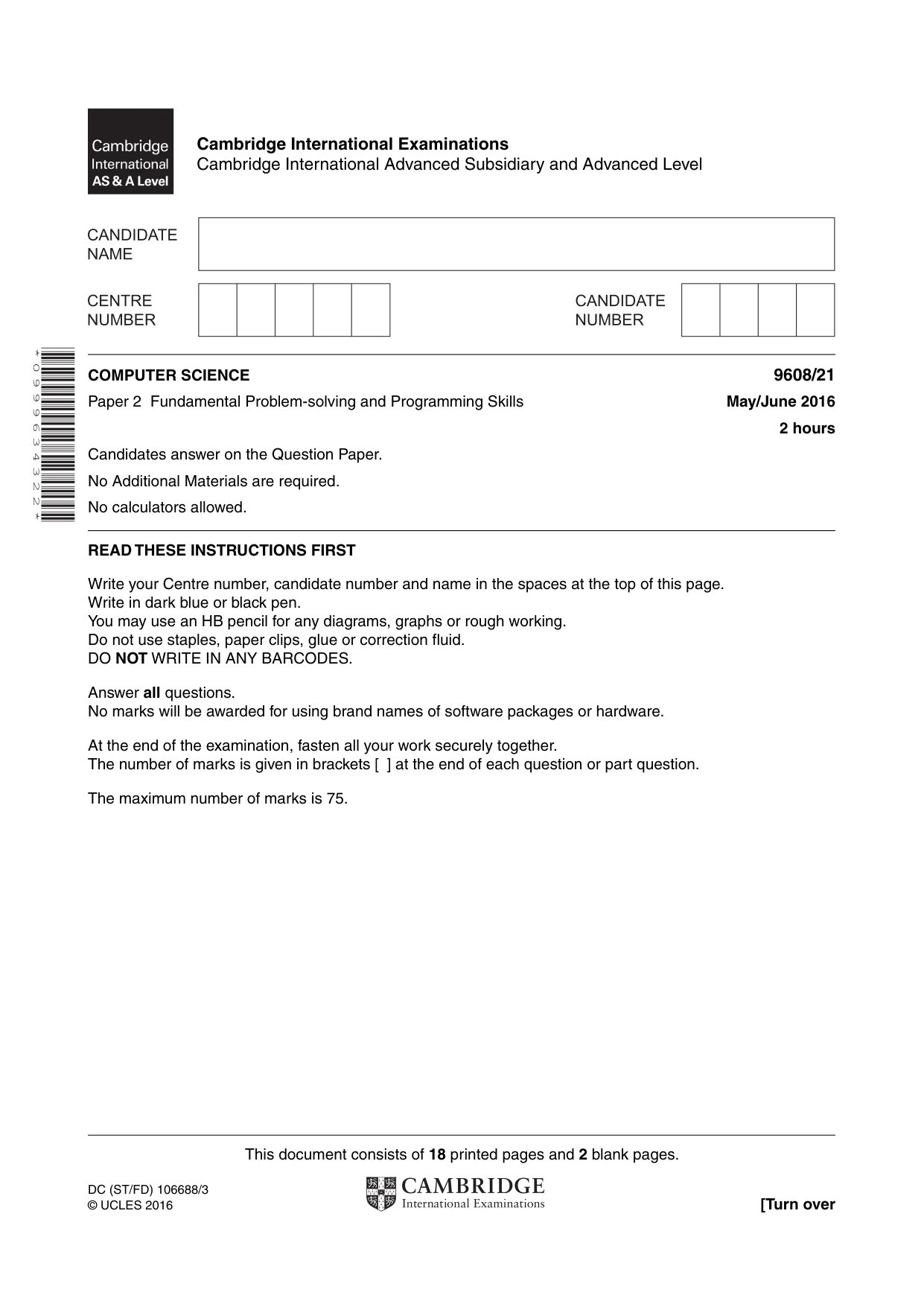 Cambridge A Level Computer Science 9608 2016 May/June Paper 2 · Variant 1 question paper, page 1 of 20