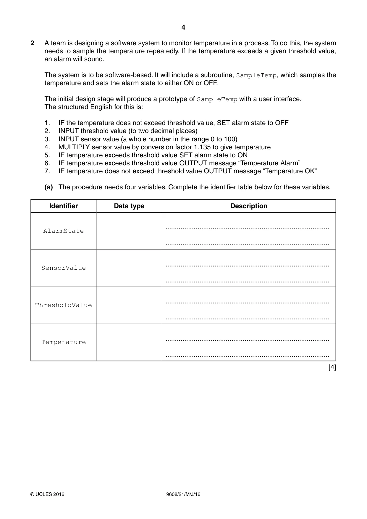 Cambridge A Level Computer Science 9608 2016 May/June Paper 2 · Variant 1 question paper, page 4 of 20