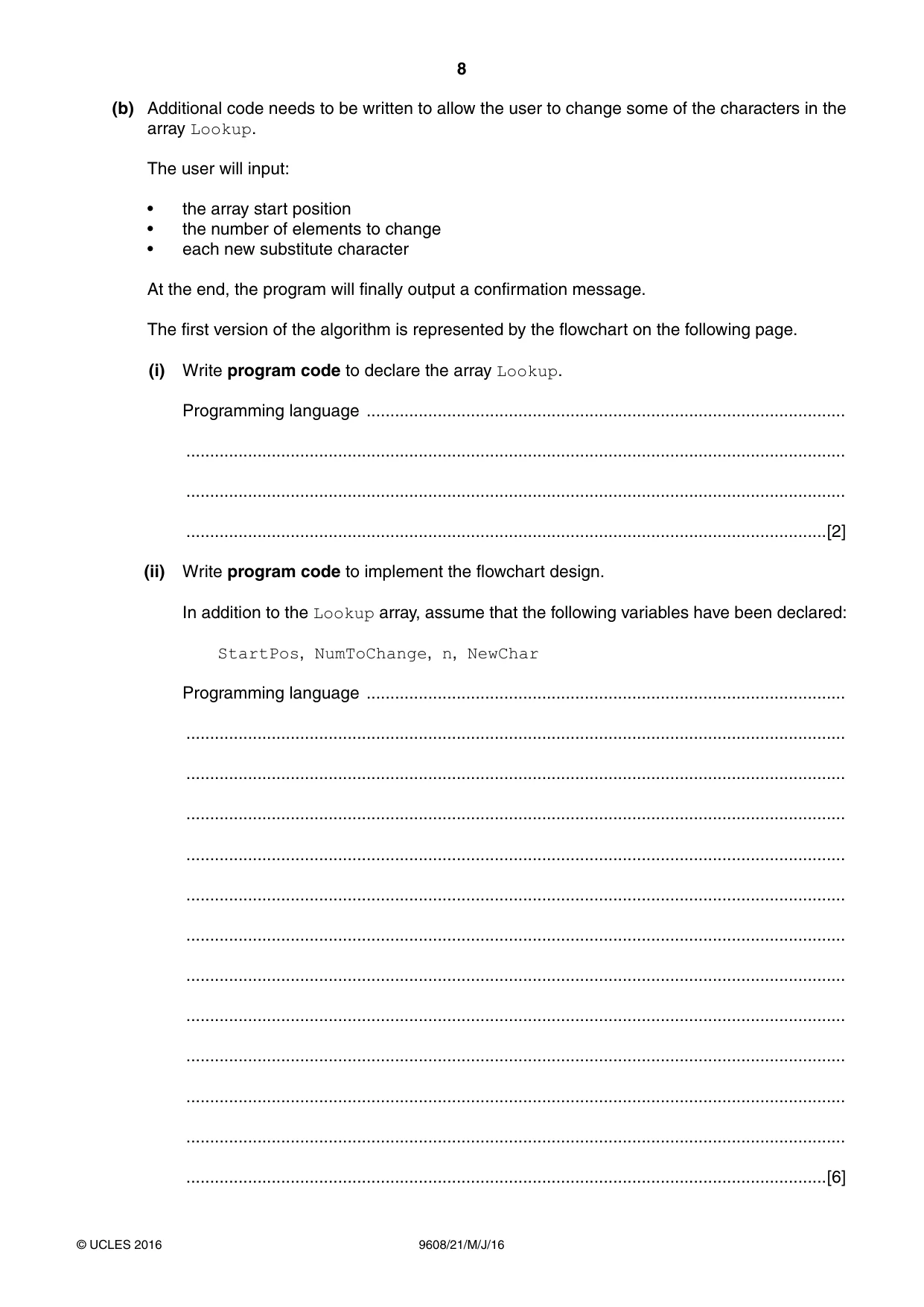 Cambridge A Level Computer Science 9608 2016 May/June Paper 2 · Variant 1 question paper, page 8 of 20