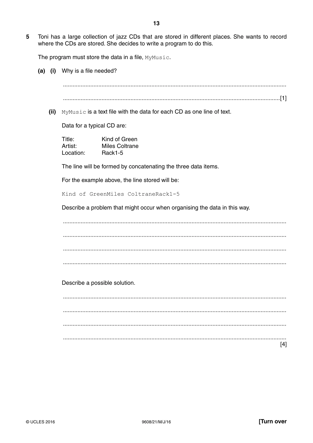 Cambridge A Level Computer Science 9608 2016 May/June Paper 2 · Variant 1 question paper, page 13 of 20