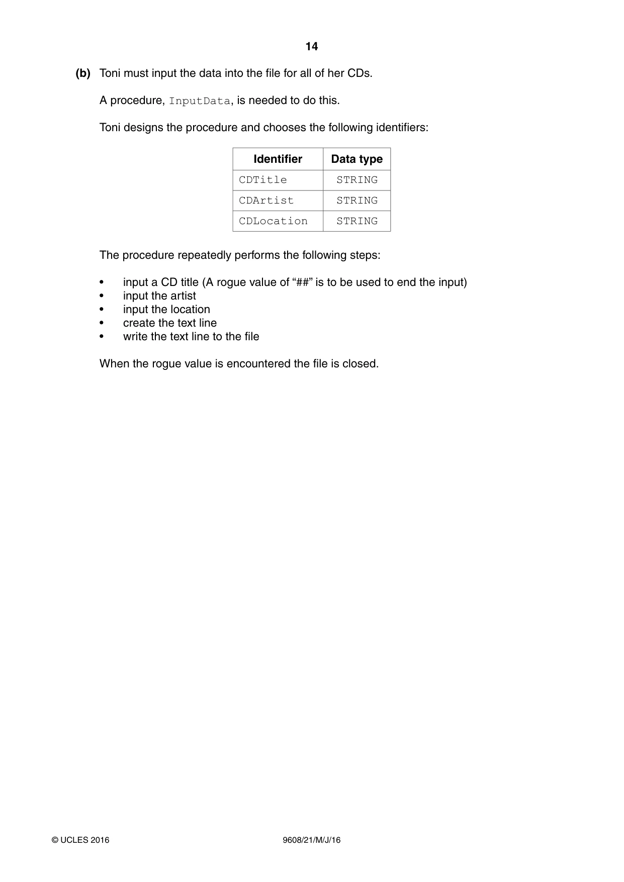Cambridge A Level Computer Science 9608 2016 May/June Paper 2 · Variant 1 question paper, page 14 of 20